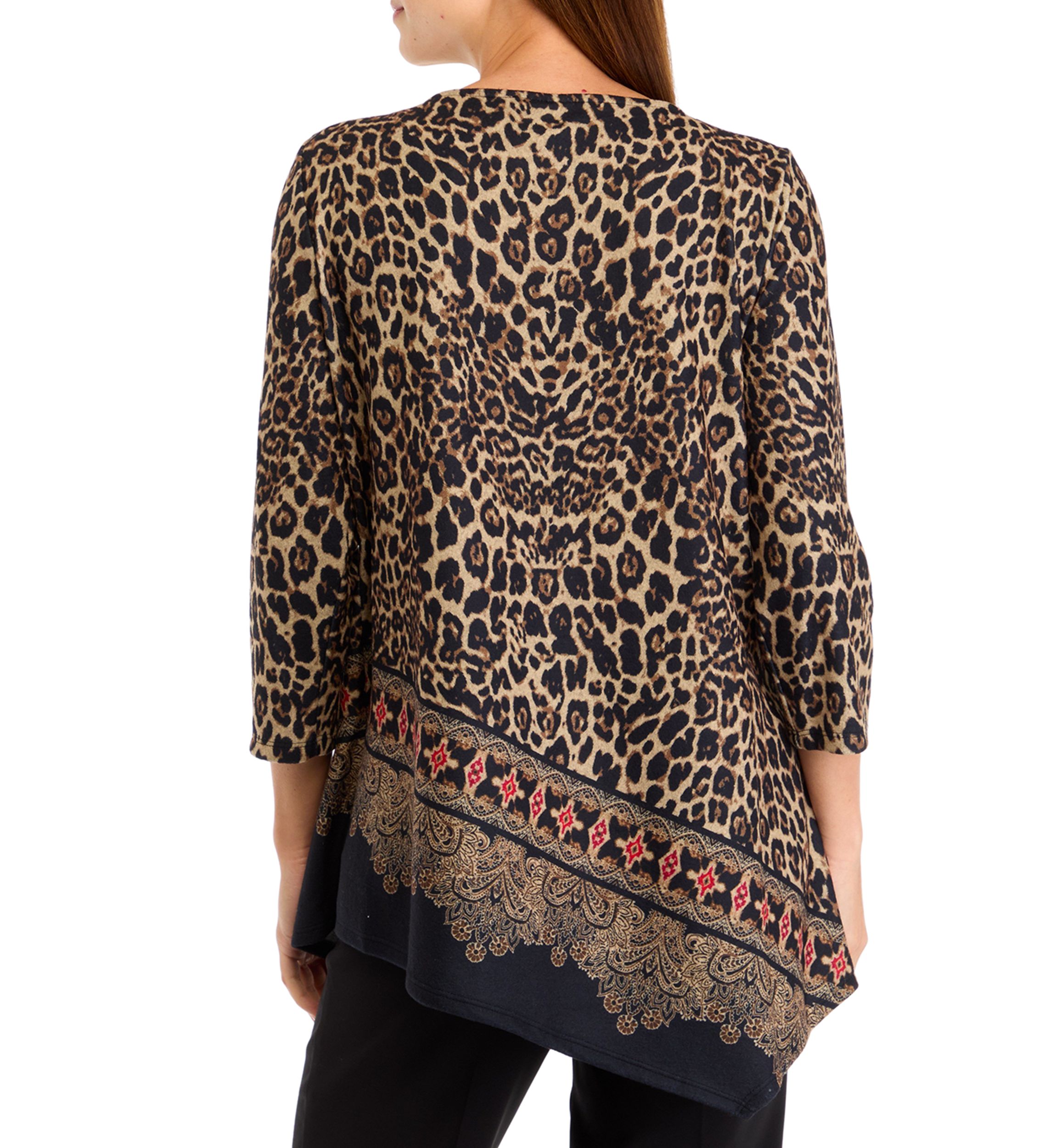 Womens Ballet Neck Animal Printed Hatchi Knit Top With Asymmetric Paisley Border Print Hem