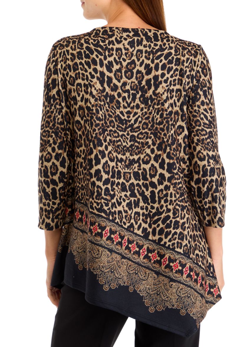 Womens Ballet Neck Animal Printed Hatchi Knit Top With Asymmetric Paisley Border Print Hem