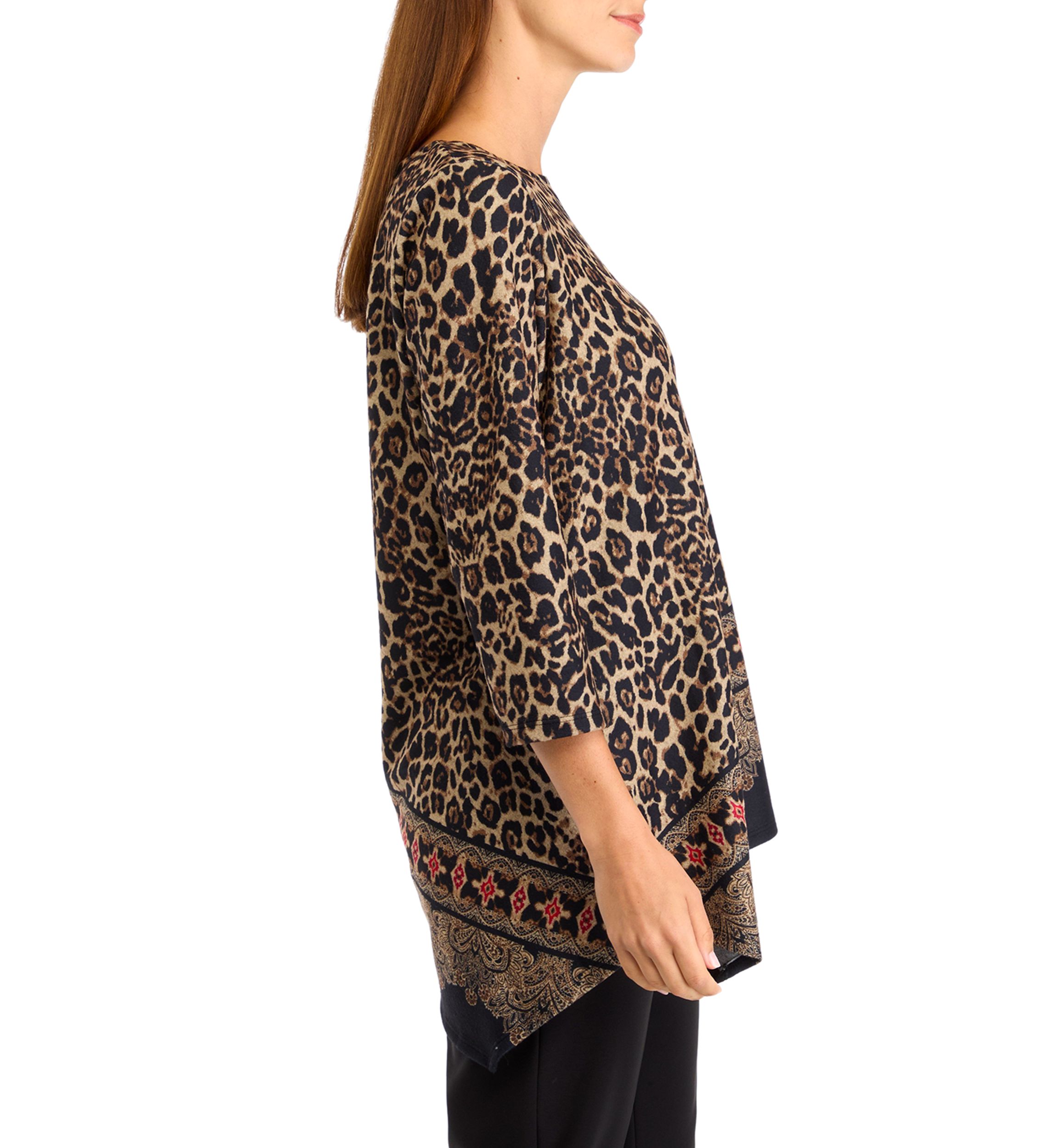 Womens Ballet Neck Animal Printed Hatchi Knit Top With Asymmetric Paisley Border Print Hem