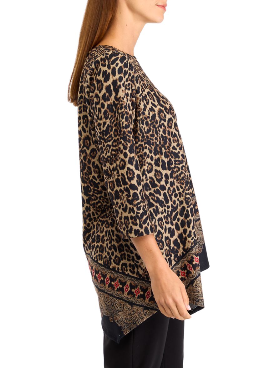 Womens Ballet Neck Animal Printed Hatchi Knit Top With Asymmetric Paisley Border Print Hem