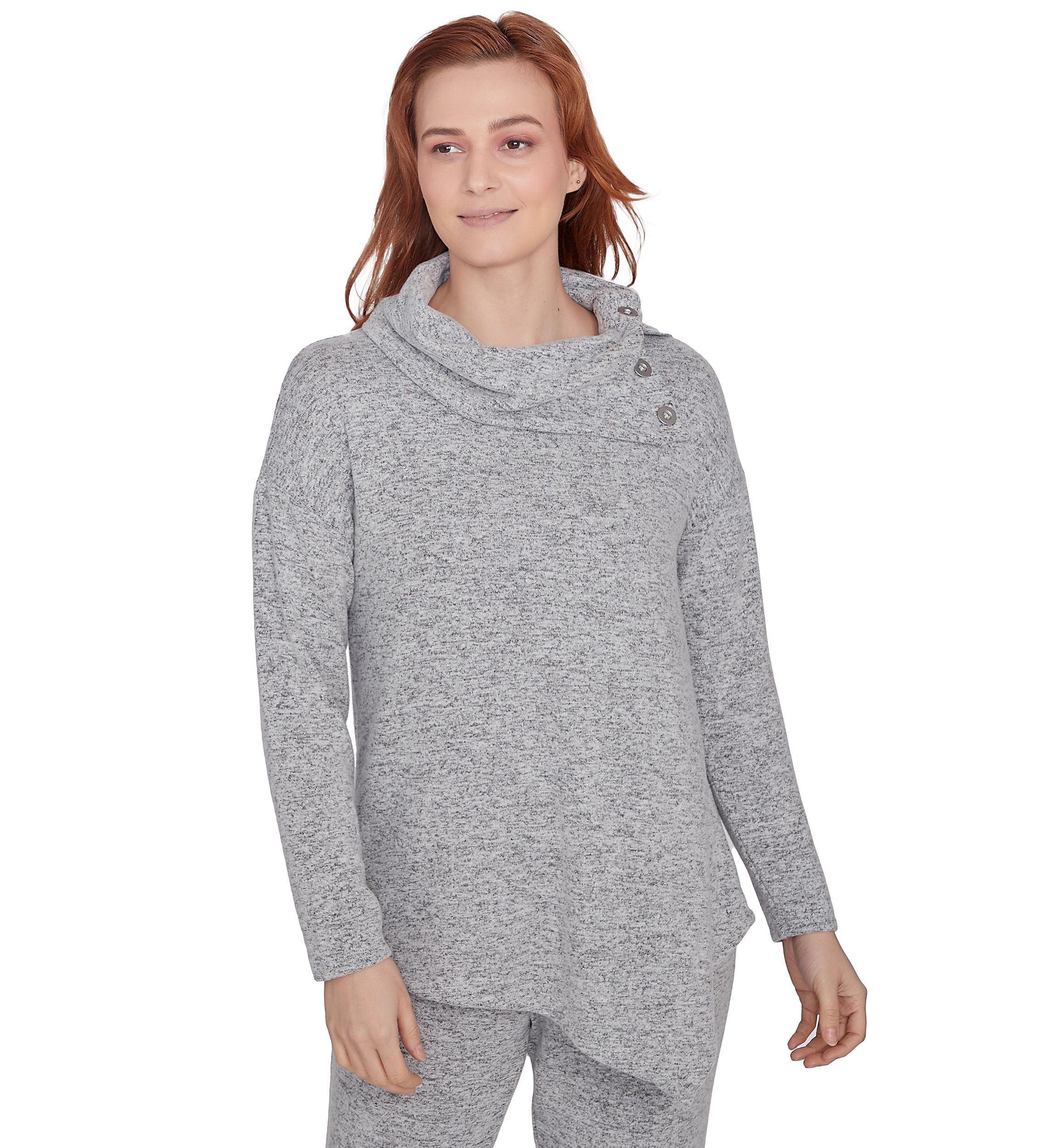 Womens Cowl Neck Solid Hacci Knit Top with Asymmetric Hem