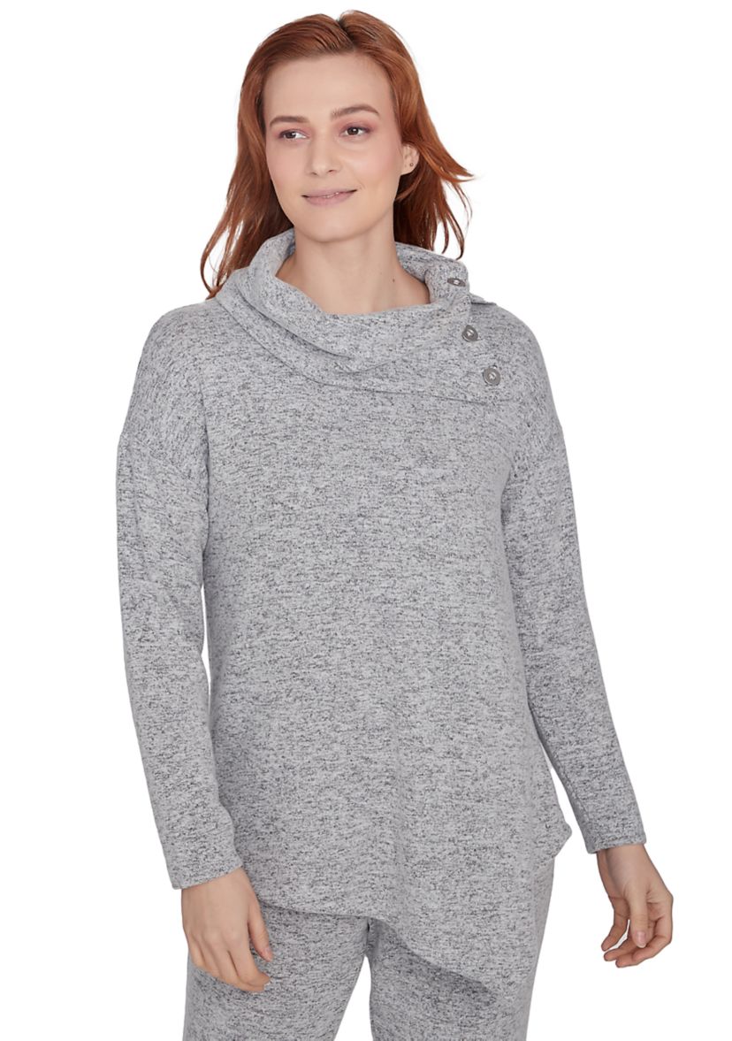 Womens Cowl Neck Solid Hacci Knit Top with Asymmetric Hem