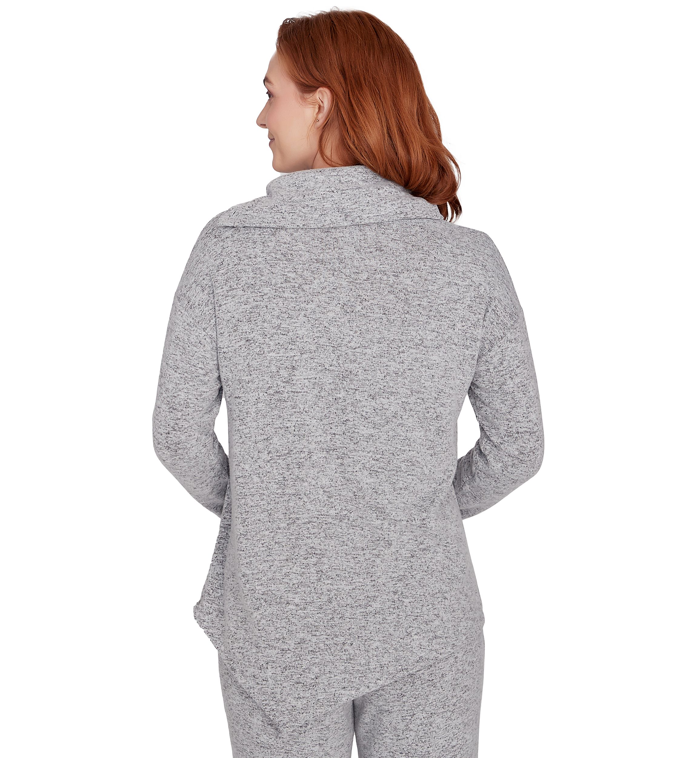 Womens Cowl Neck Solid Hacci Knit Top with Asymmetric Hem