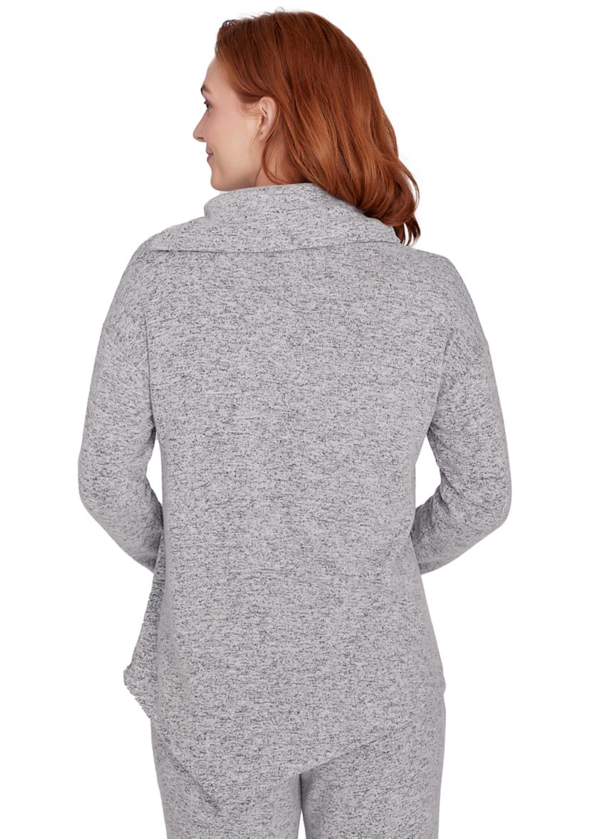 Womens Cowl Neck Solid Hacci Knit Top with Asymmetric Hem