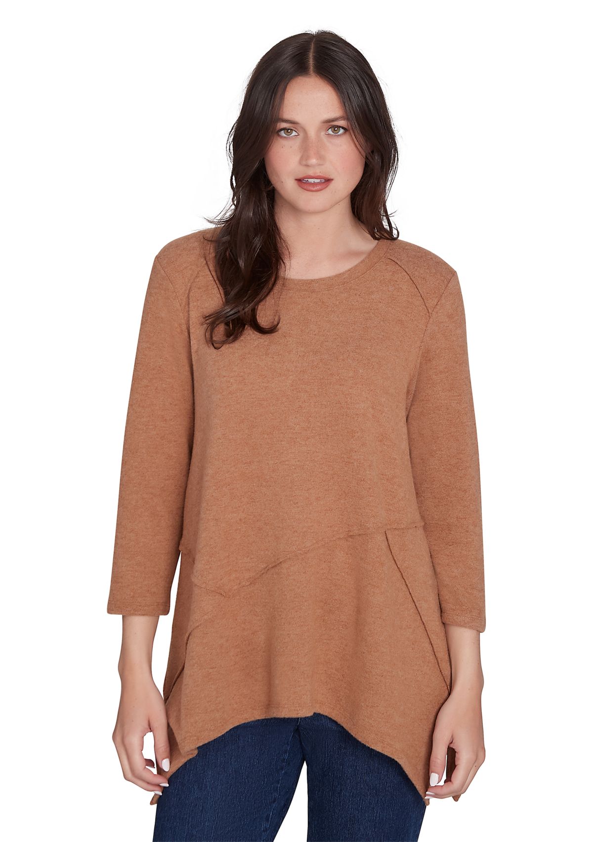 Womens Scoop Neck Solid Hacci Knit Shark Bite Top with Fabric Splicing Detail