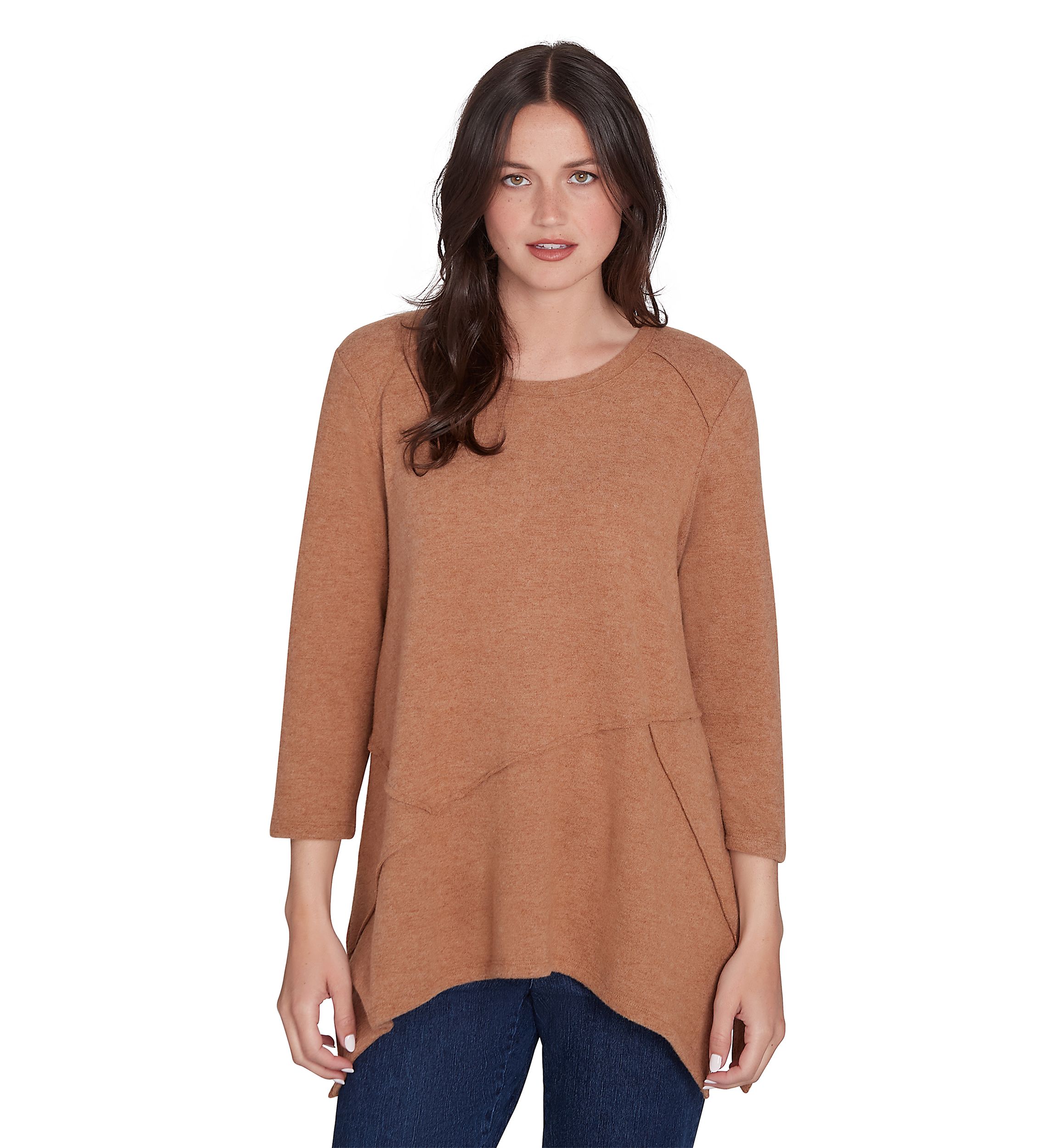 Womens Scoop Neck Solid Hacci Knit Shark Bite Top with Fabric Splicing Detail