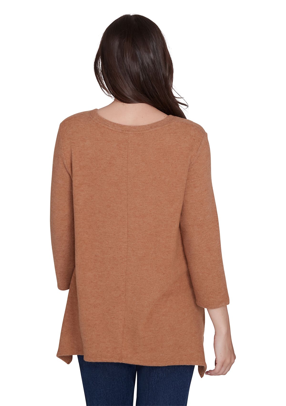 Womens Scoop Neck Solid Hacci Knit Shark Bite Top with Fabric Splicing Detail