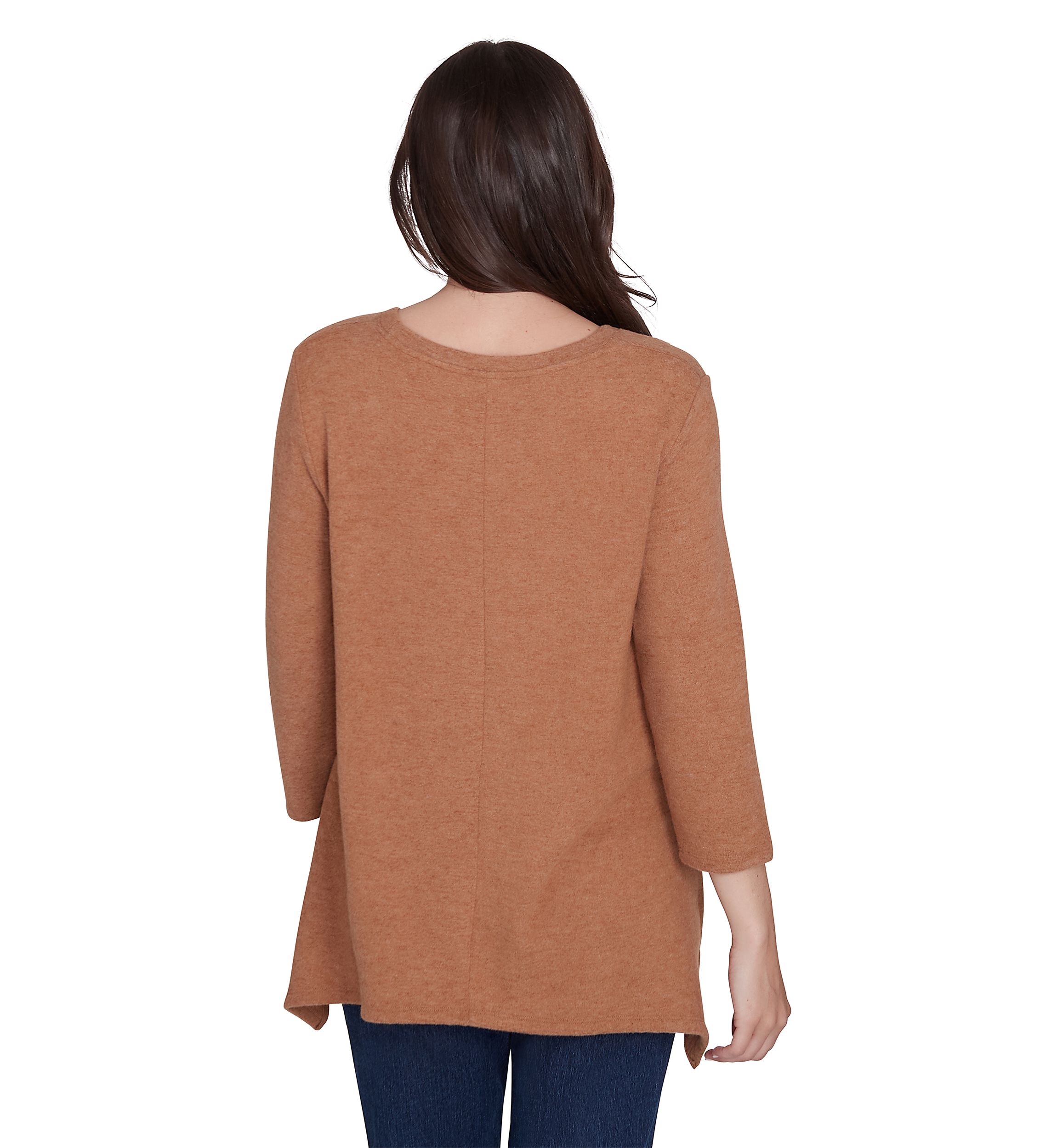 Womens Scoop Neck Solid Hacci Knit Shark Bite Top with Fabric Splicing Detail