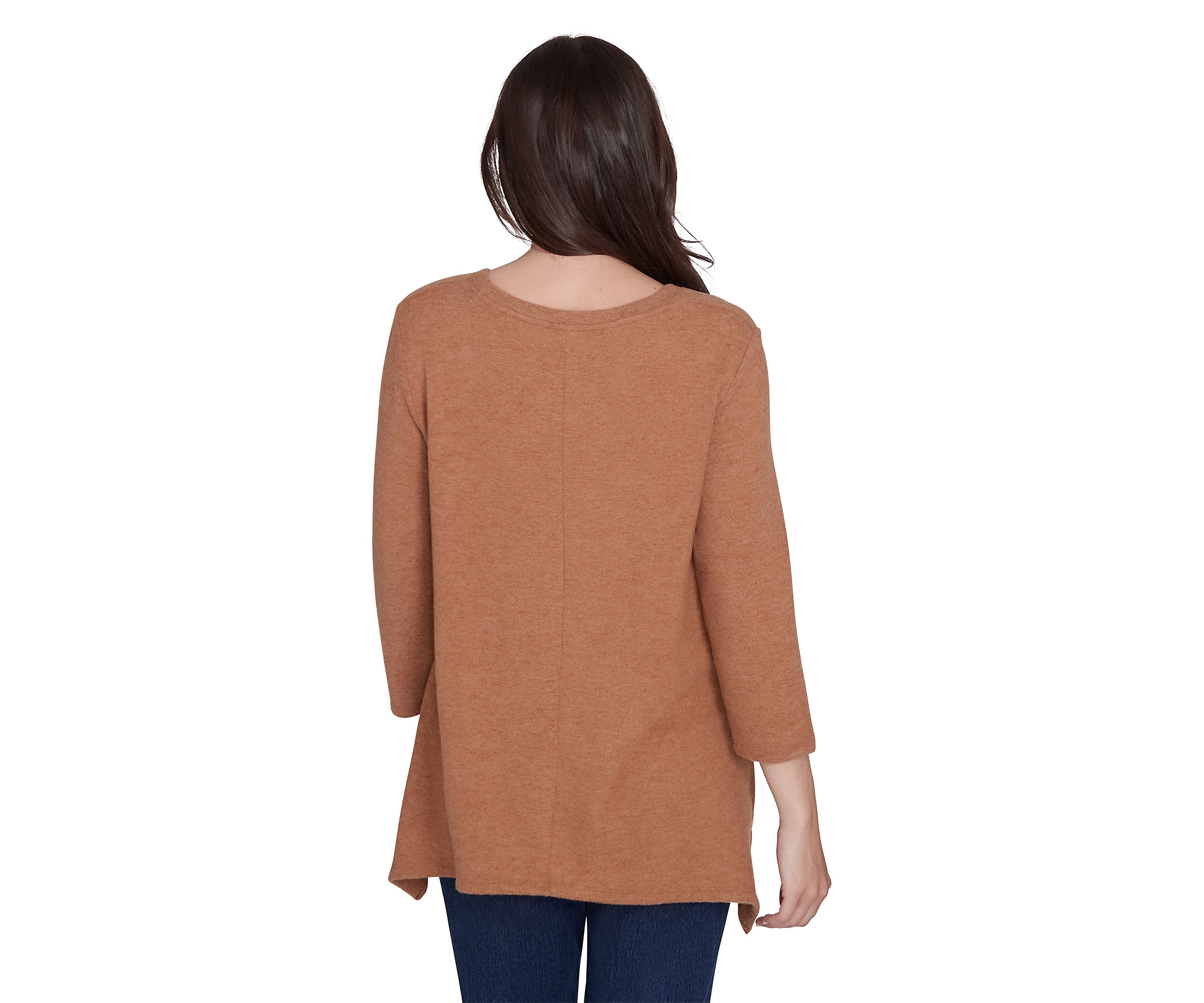 Womens Scoop Neck Solid Hacci Knit Shark Bite Top with Fabric Splicing Detail