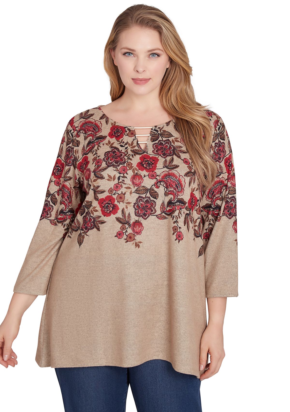 Plus Size Keyhole Neck Floral Vine Placement Print Hacci Knit Shark Bite Top