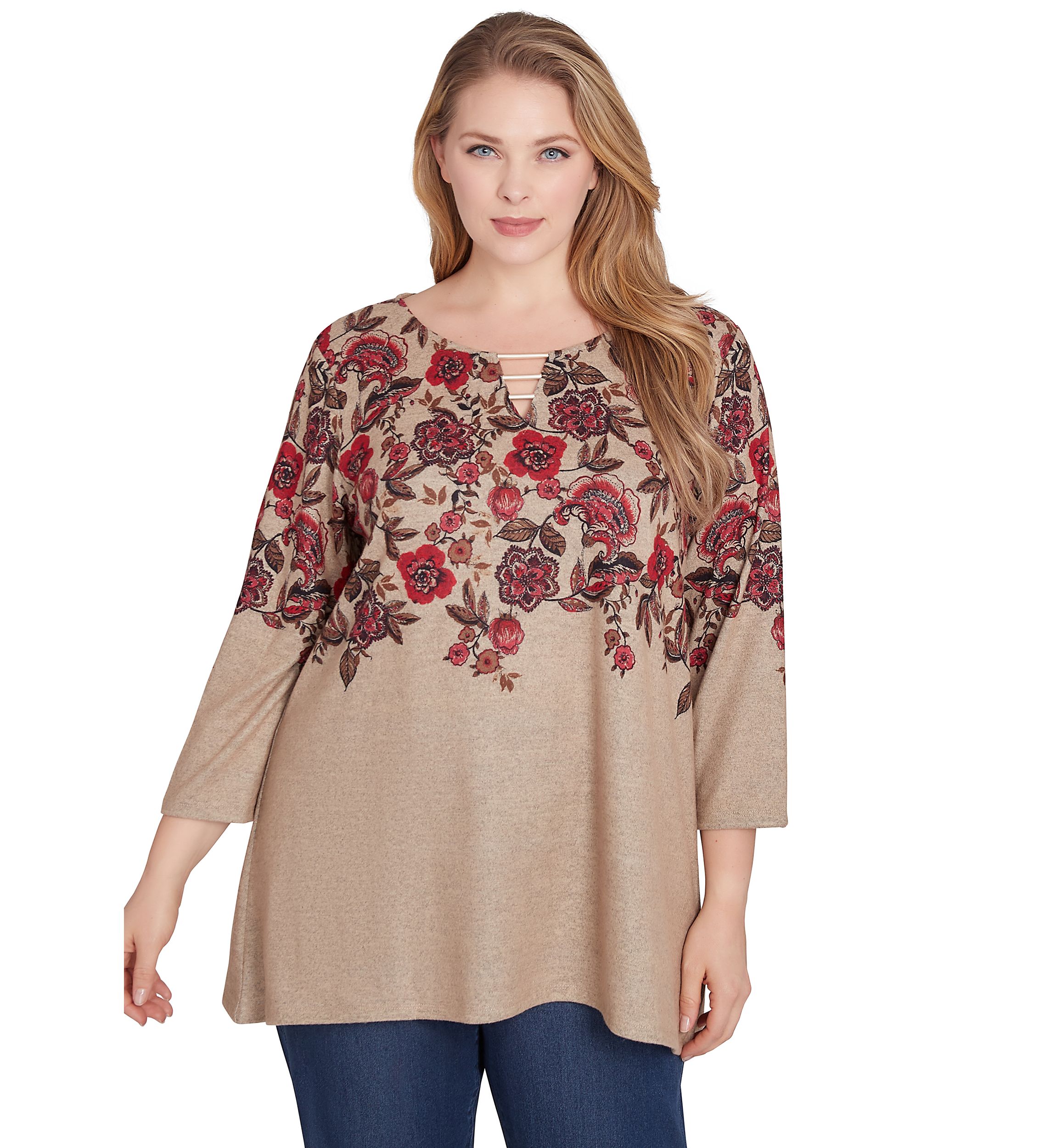 Plus Size Keyhole Neck Floral Vine Placement Print Hacci Knit Shark Bite Top