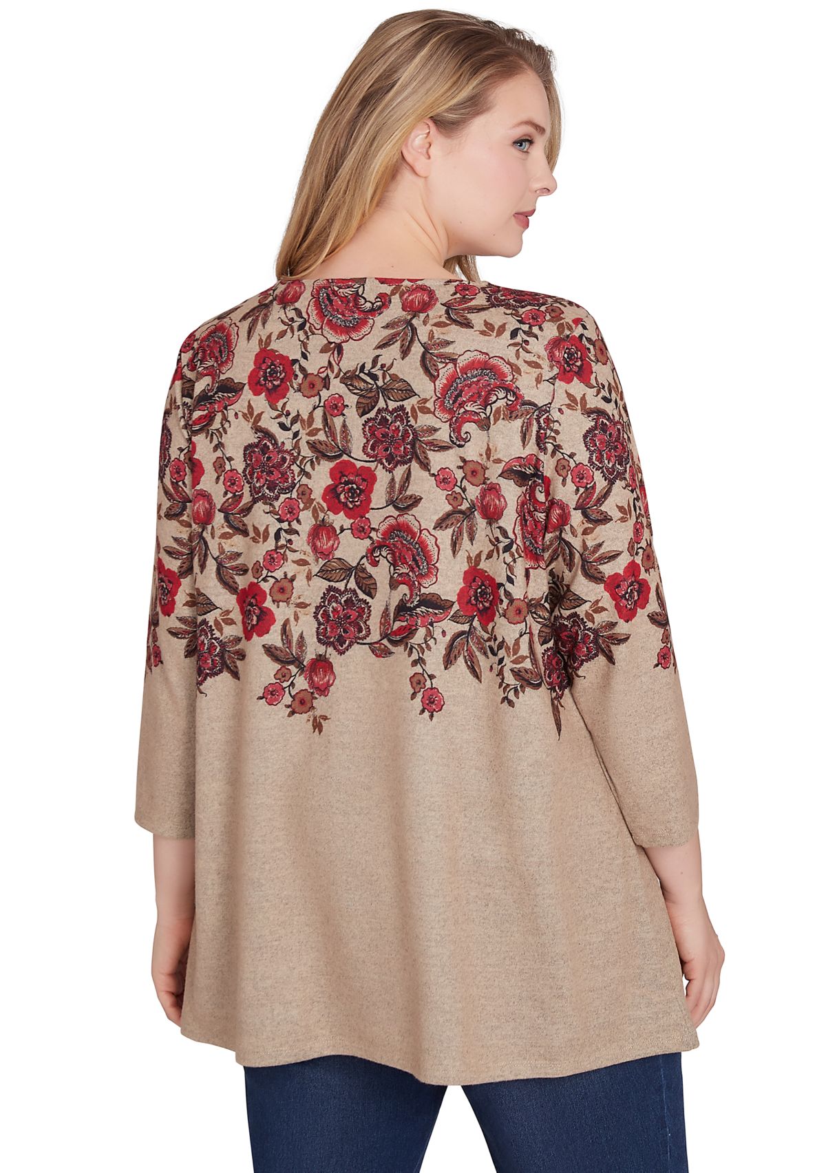 Plus Size Keyhole Neck Floral Vine Placement Print Hacci Knit Shark Bite Top