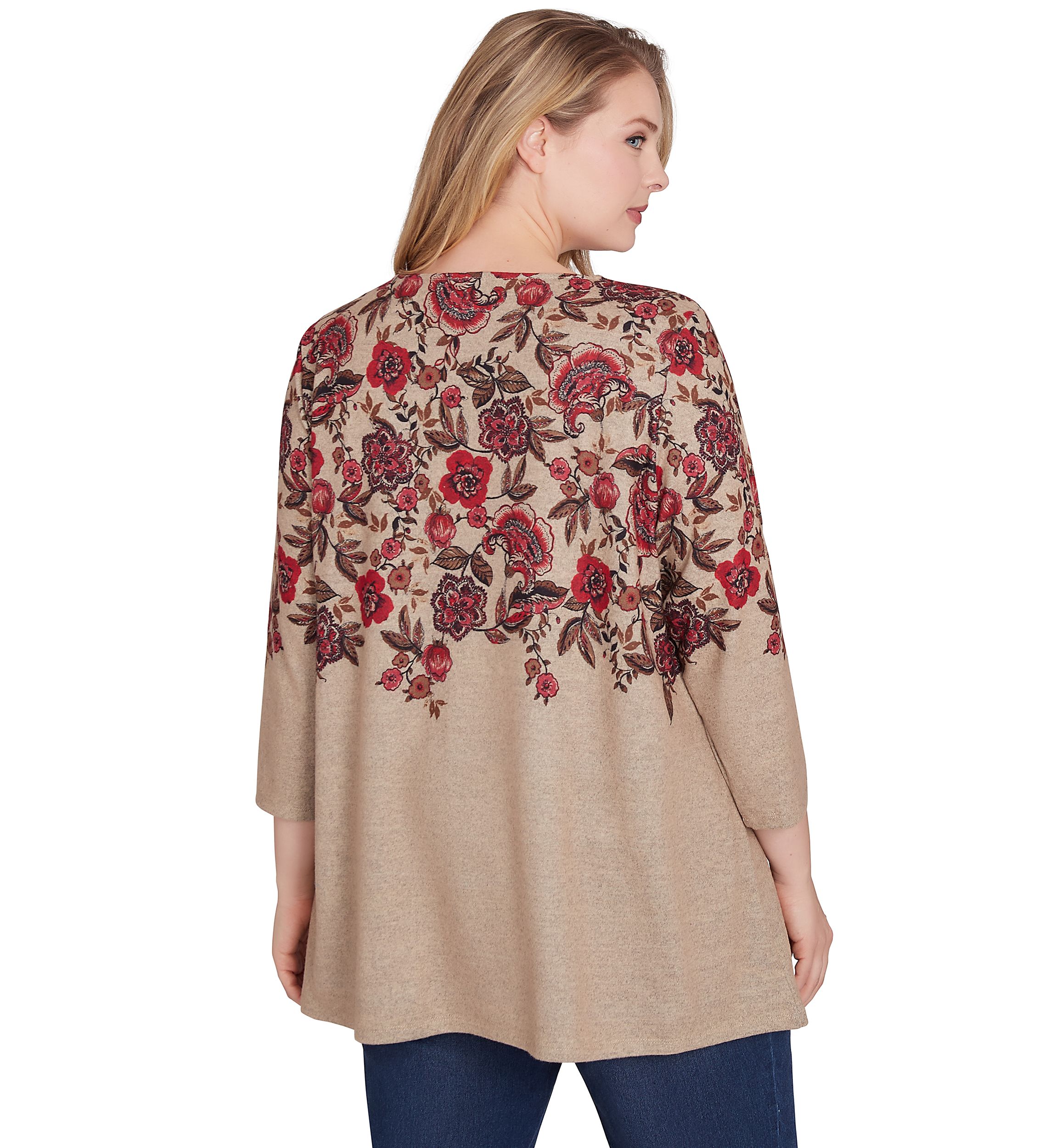 Plus Size Keyhole Neck Floral Vine Placement Print Hacci Knit Shark Bite Top
