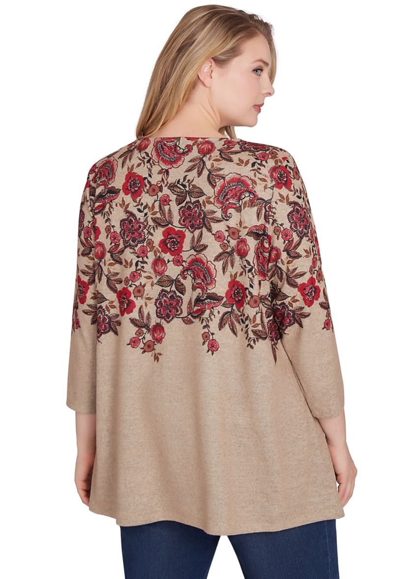 Plus Size Keyhole Neck Floral Vine Placement Print Hacci Knit Shark Bite Top