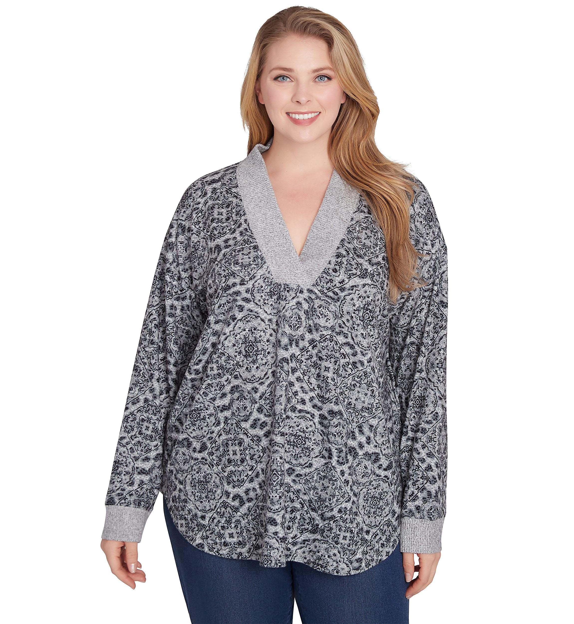 Plus Size V-Neck Leopard Medallion Printed Hacci Knit Top with Solid Rib Trim