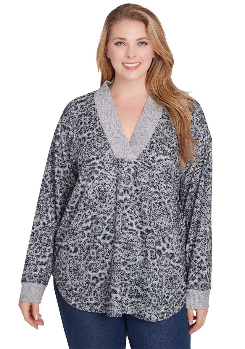 Plus Size V-Neck Leopard Medallion Printed Hacci Knit Top with Solid Rib Trim