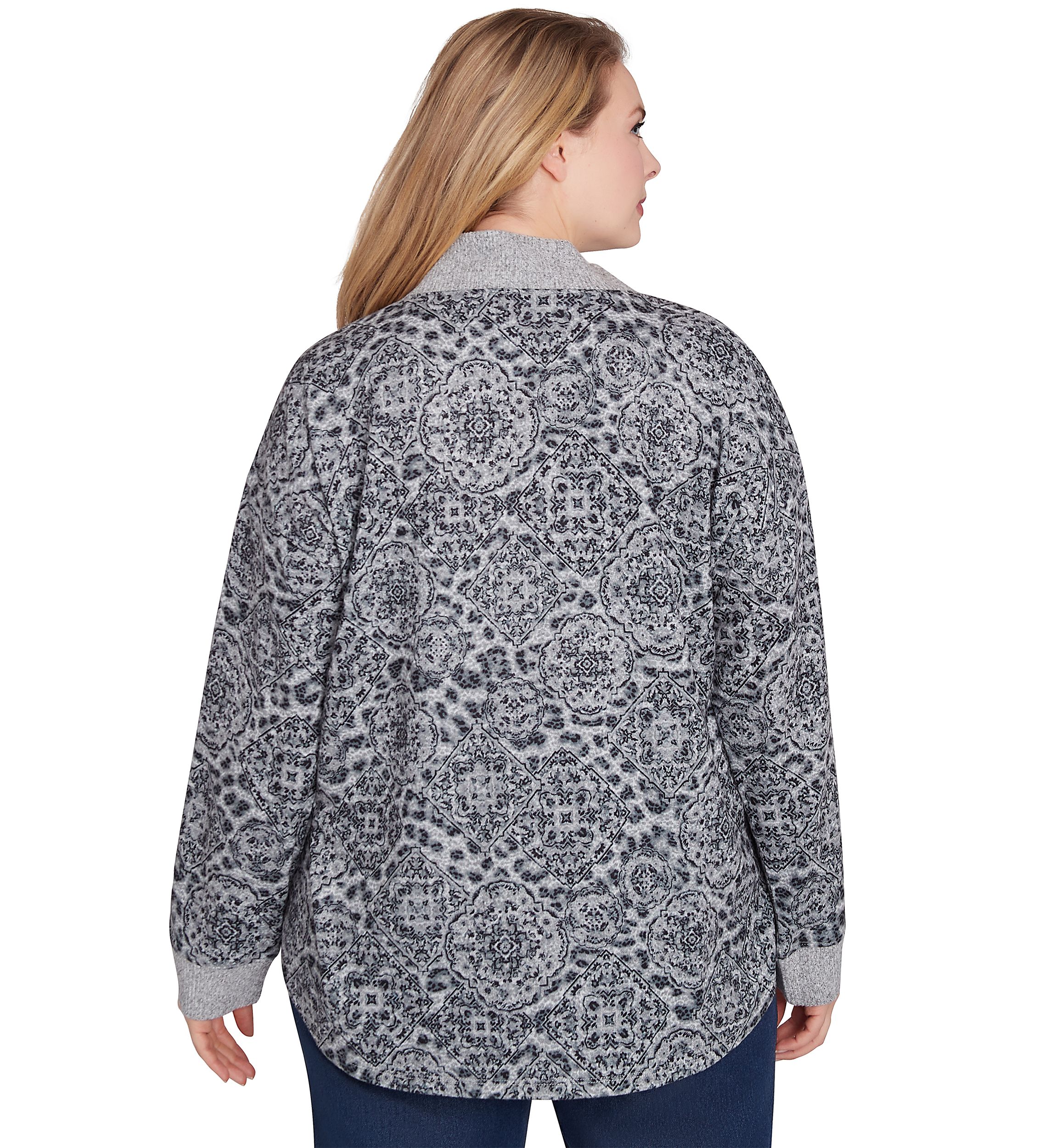 Plus Size V-Neck Leopard Medallion Printed Hacci Knit Top with Solid Rib Trim
