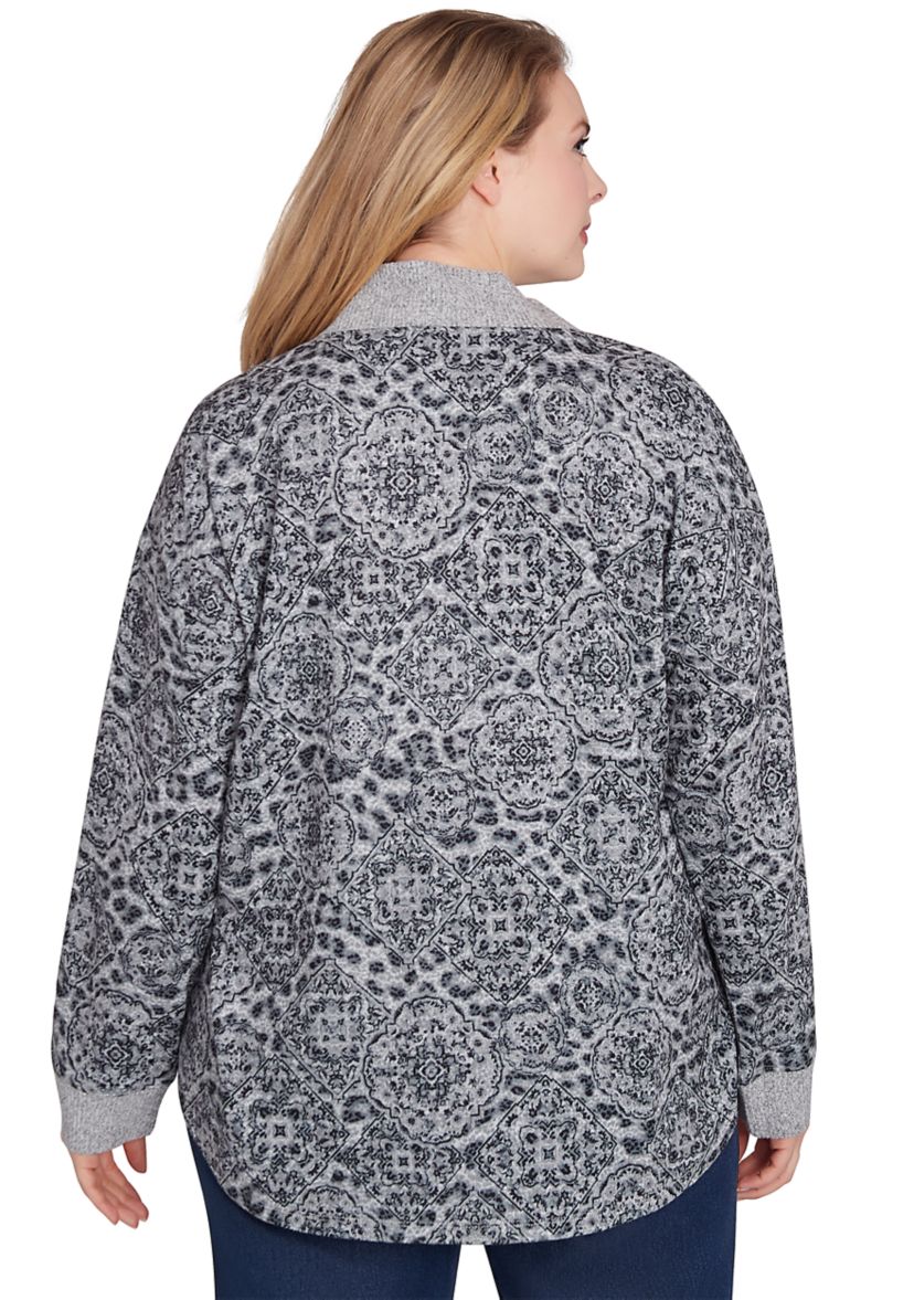 Plus Size V-Neck Leopard Medallion Printed Hacci Knit Top with Solid Rib Trim