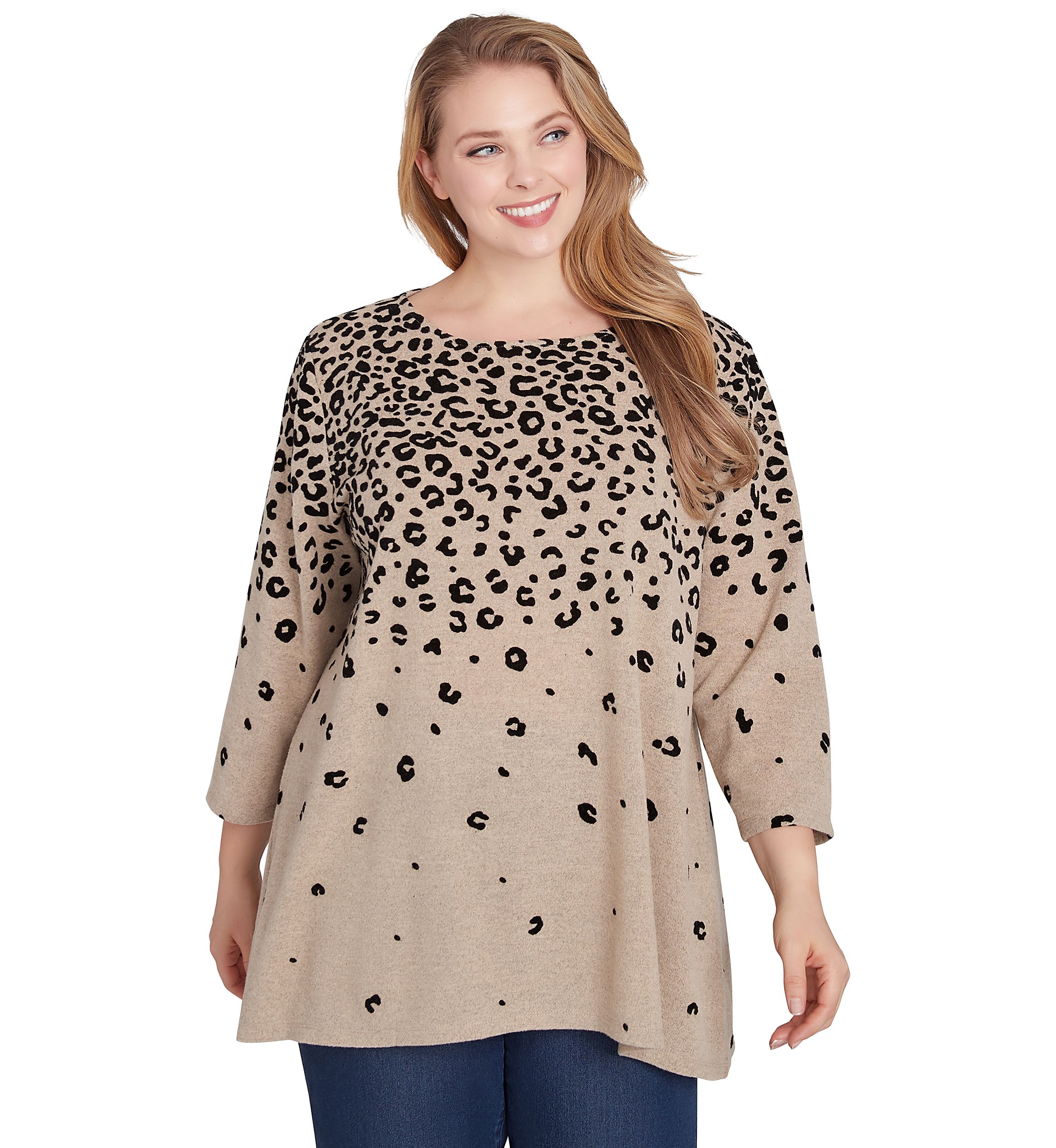 Plus Size Boat Neck Flocked Animal Print Hacci Knit Shark Bite Top