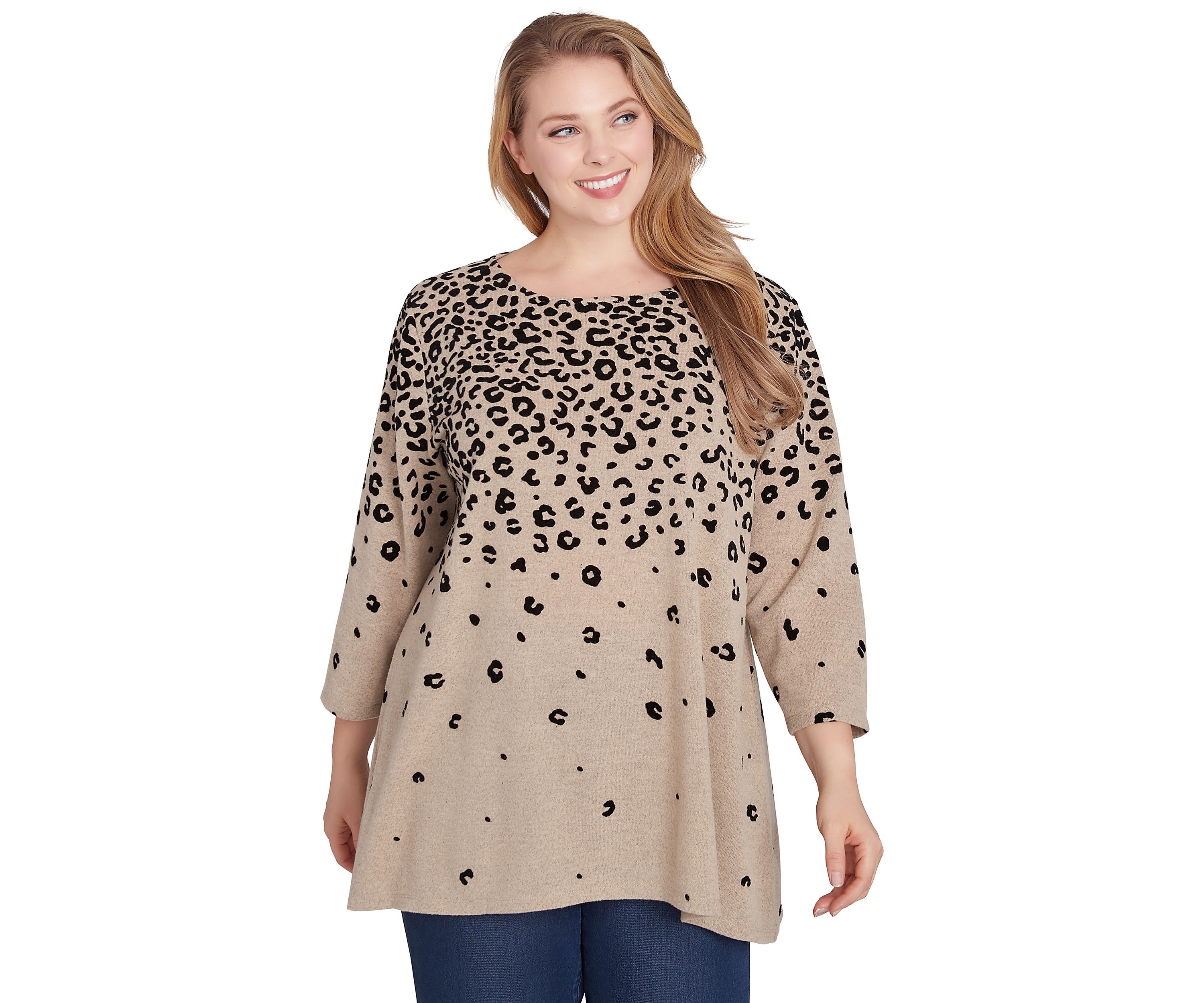 Plus Size Boat Neck Flocked Animal Print Hacci Knit Shark Bite Top
