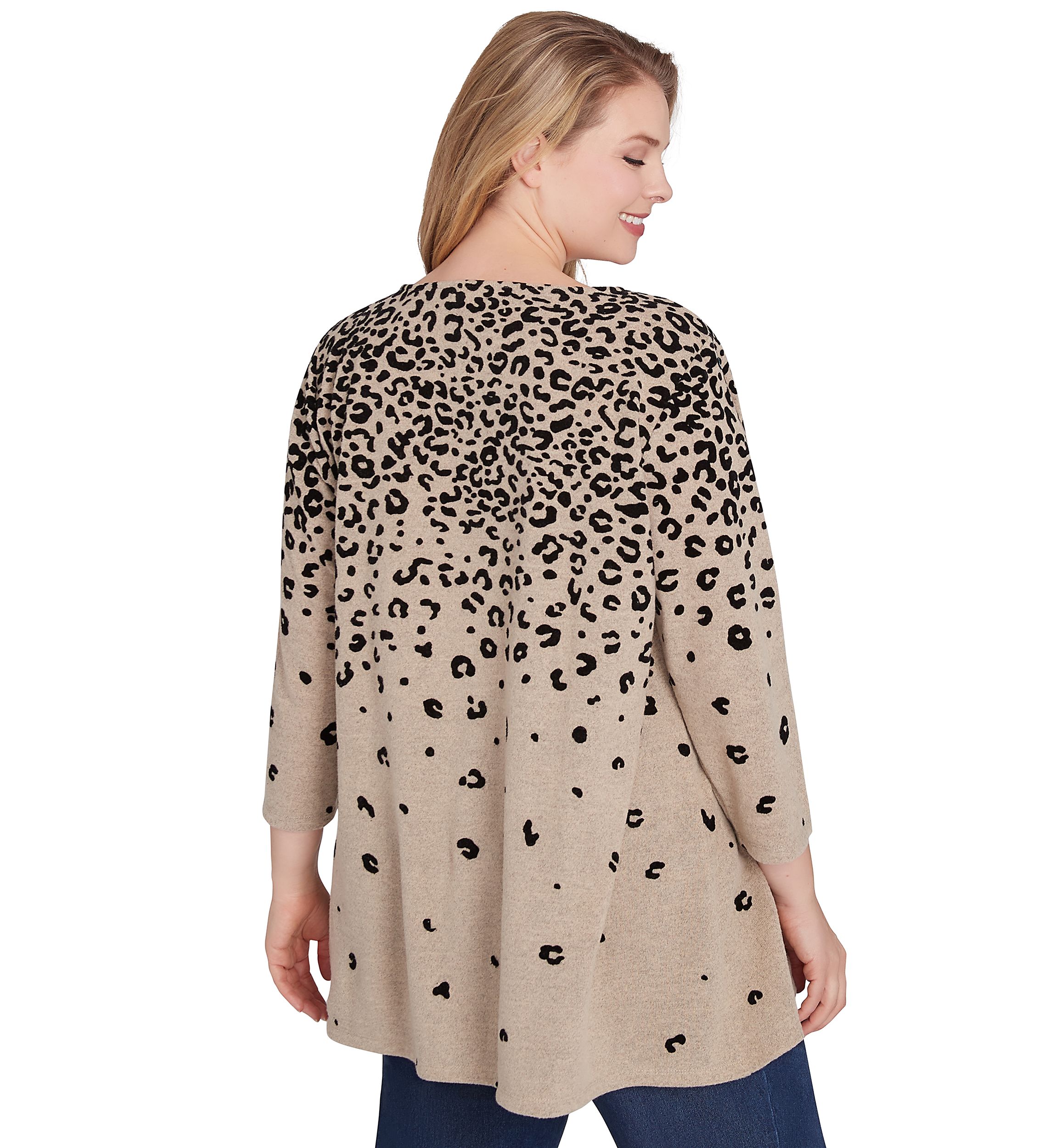 Plus Size Boat Neck Flocked Animal Print Hacci Knit Shark Bite Top