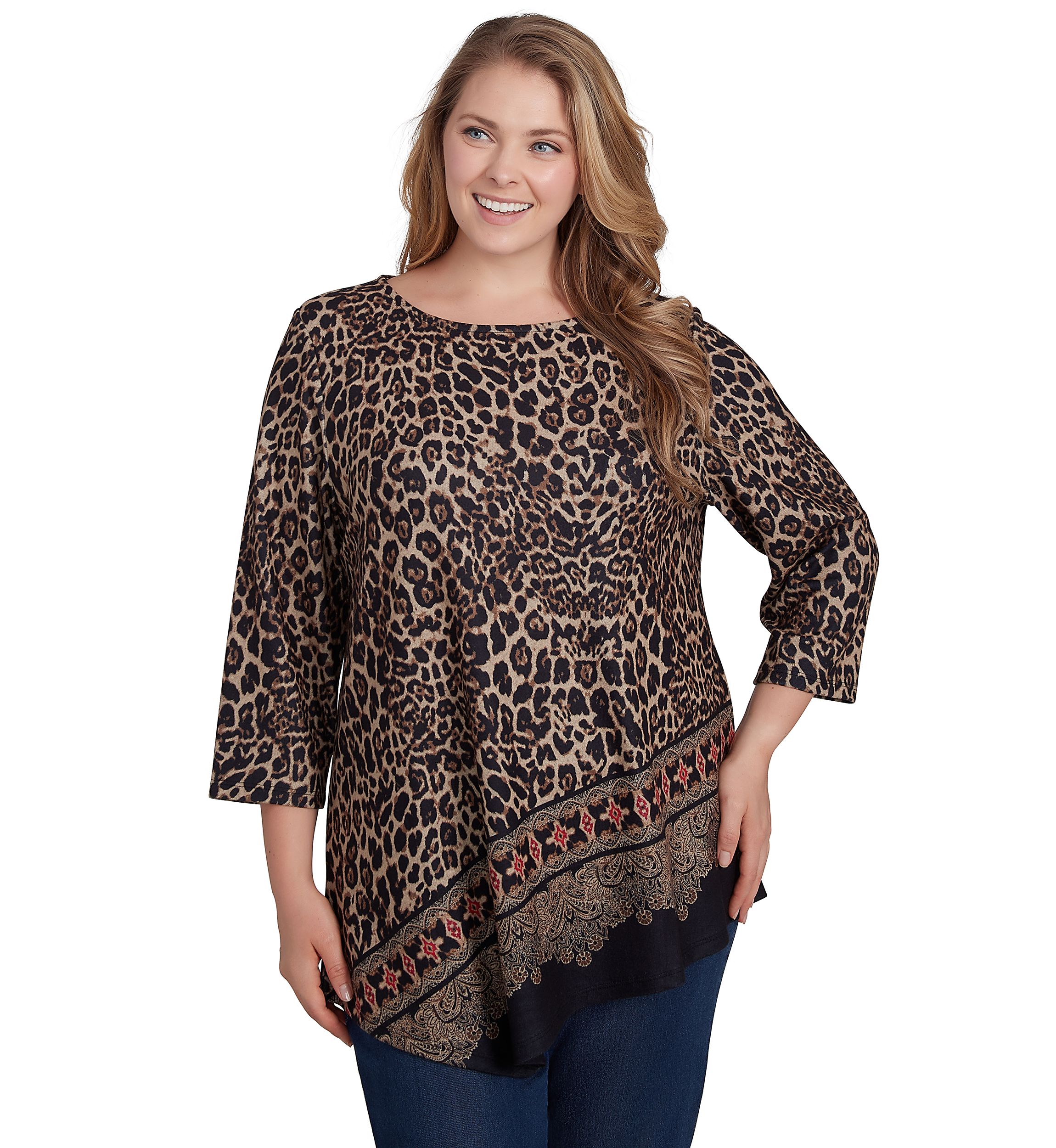 Plus Size Boat Neck Animal Printed Hacci Knit Top with Asymmetric Paisley Border Print Hem