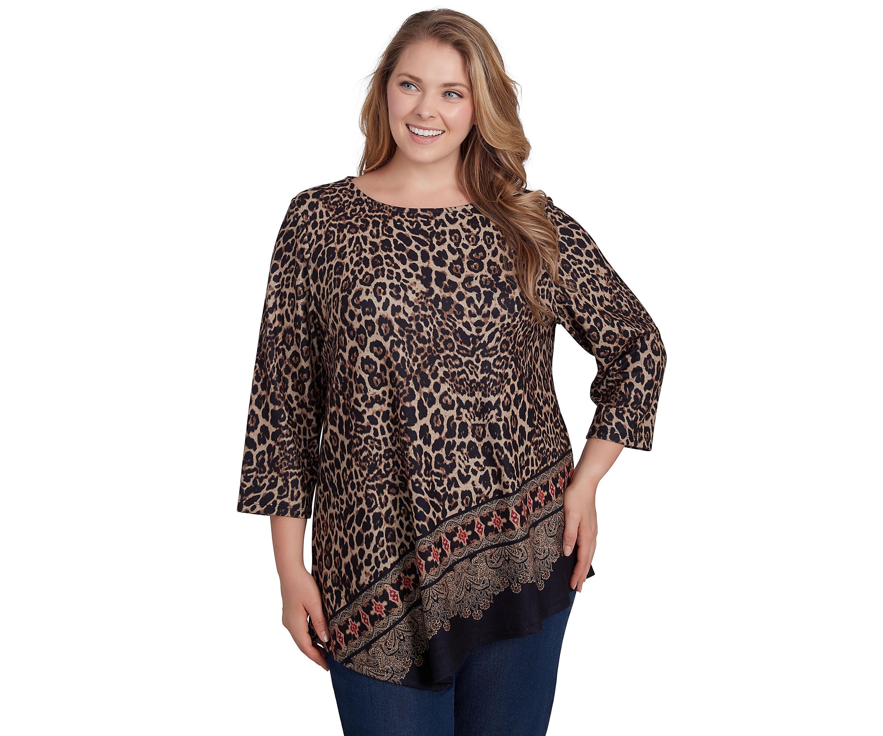 Plus Size Boat Neck Animal Printed Hacci Knit Top with Asymmetric Paisley Border Print Hem