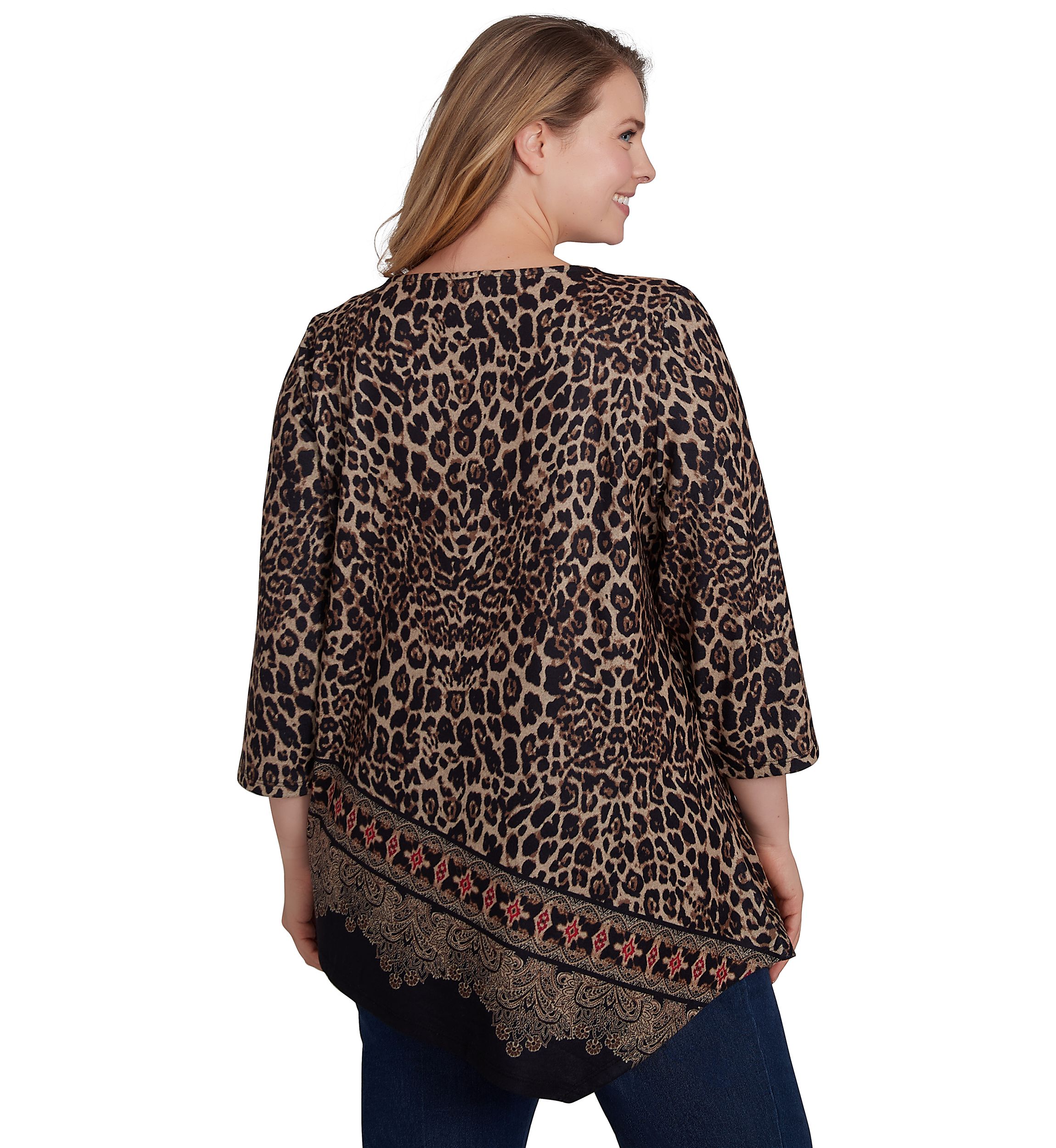 Plus Size Boat Neck Animal Printed Hacci Knit Top with Asymmetric Paisley Border Print Hem