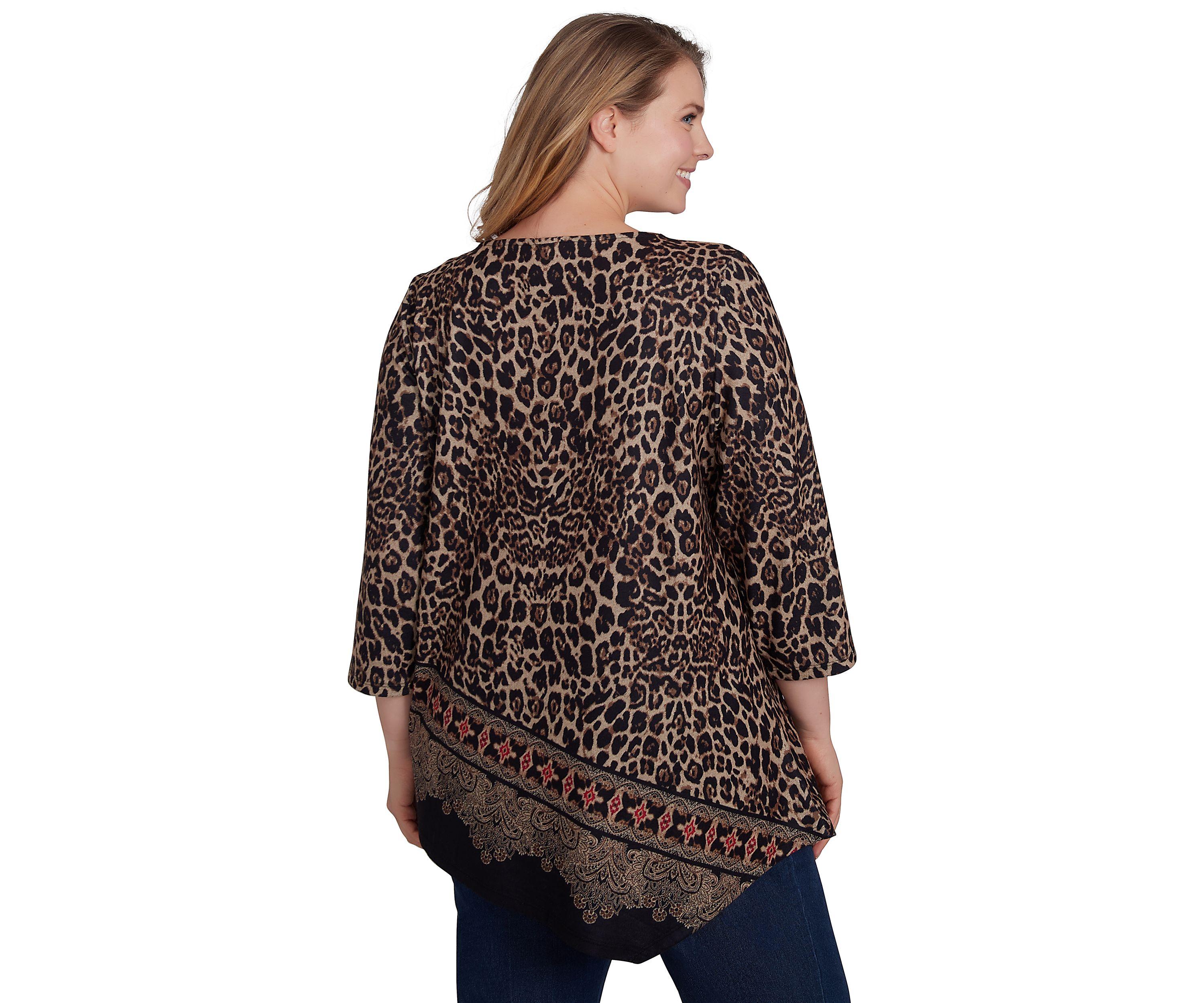 Plus Size Boat Neck Animal Printed Hacci Knit Top with Asymmetric Paisley Border Print Hem