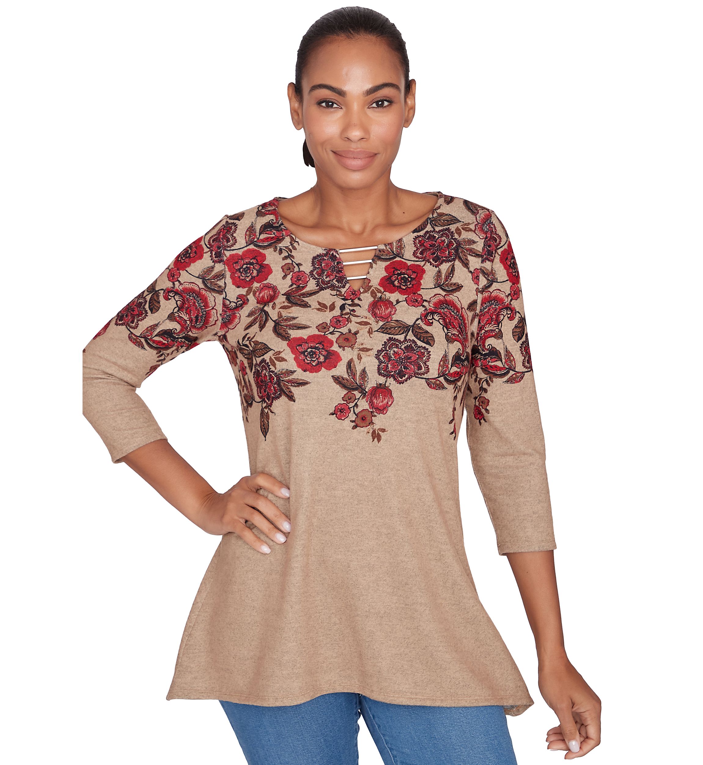 Petite Keyhole Neck Floral Vine Placement Print Hacci Knit Shark Bite Top