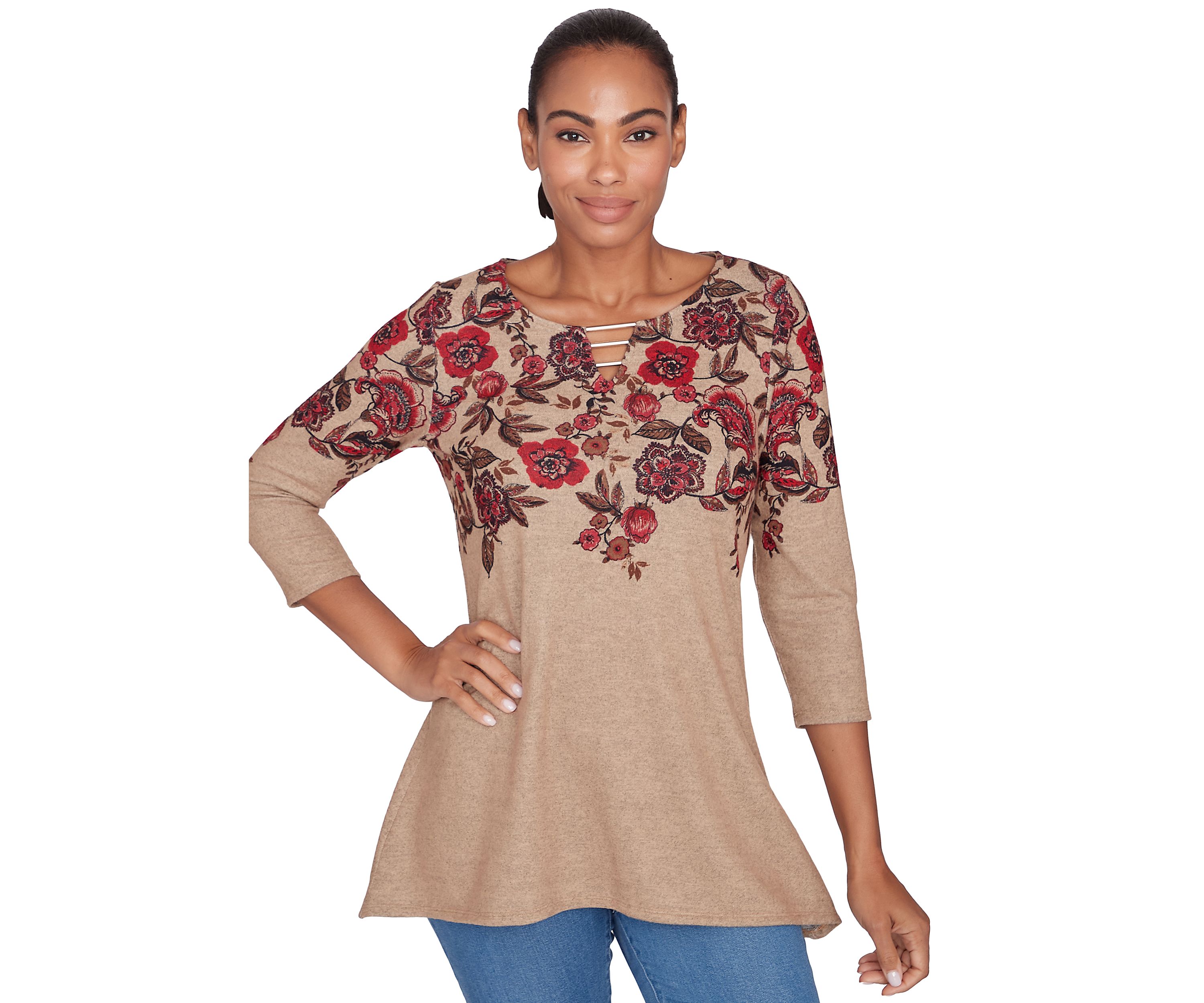 Petite Keyhole Neck Floral Vine Placement Print Hacci Knit Shark Bite Top