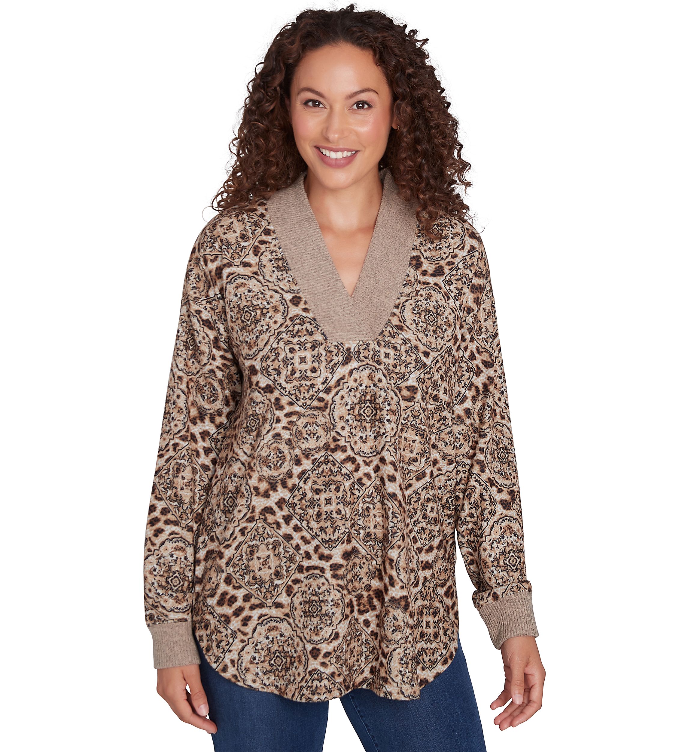 Petite V-Neck Leopard Medallion Printed Hacci Knit Top with Solid Rib Trim