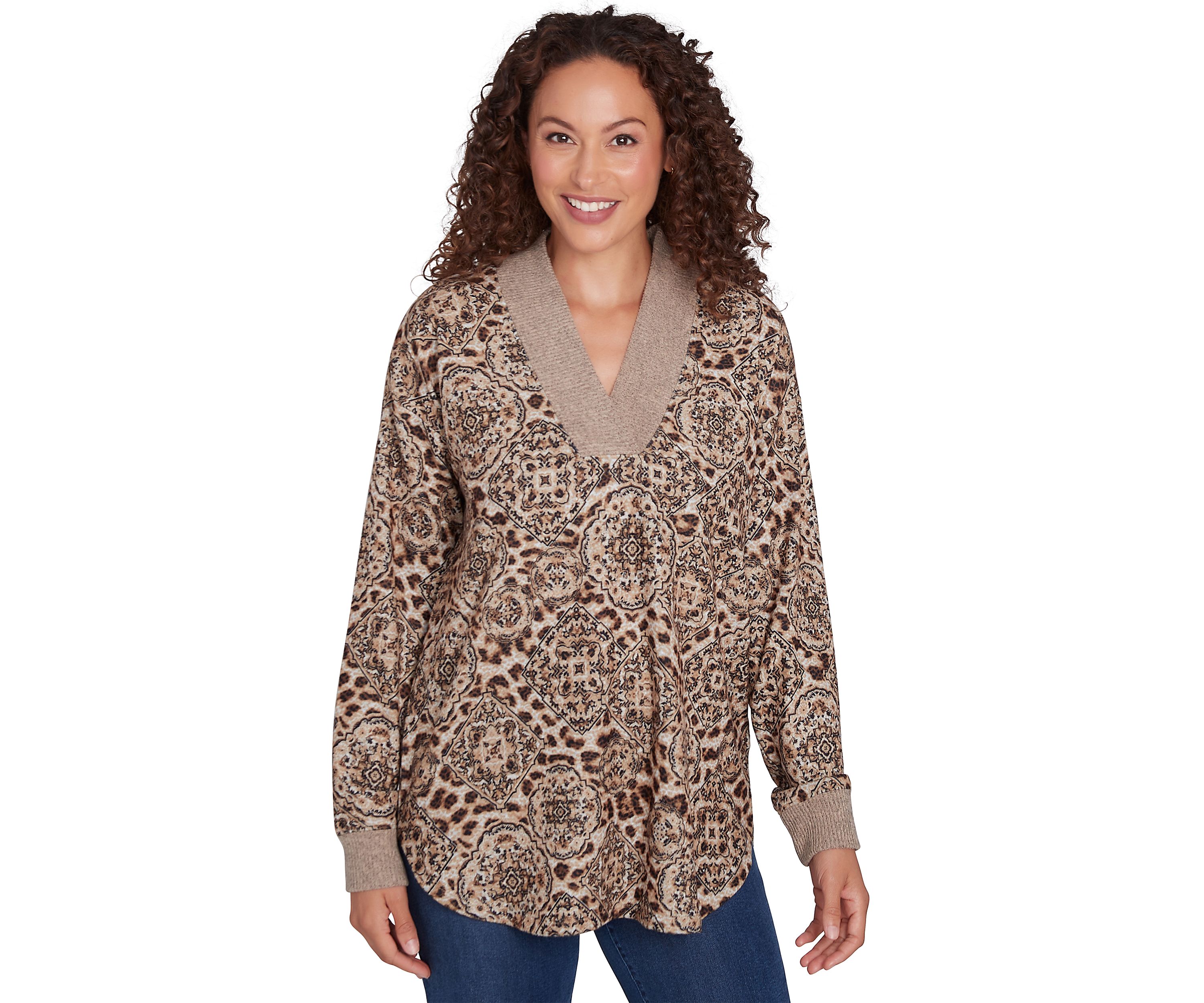 Petite V-Neck Leopard Medallion Printed Hacci Knit Top with Solid Rib Trim