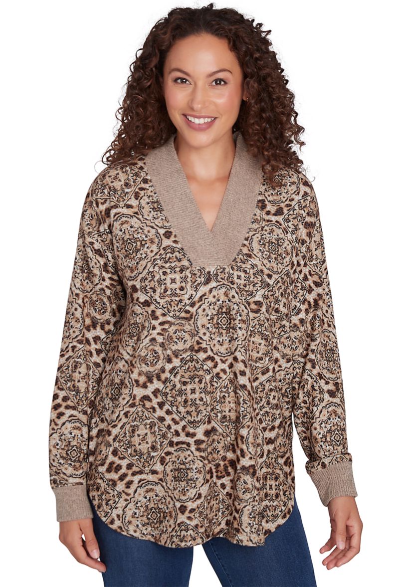 Petite V-Neck Leopard Medallion Printed Hacci Knit Top with Solid Rib Trim