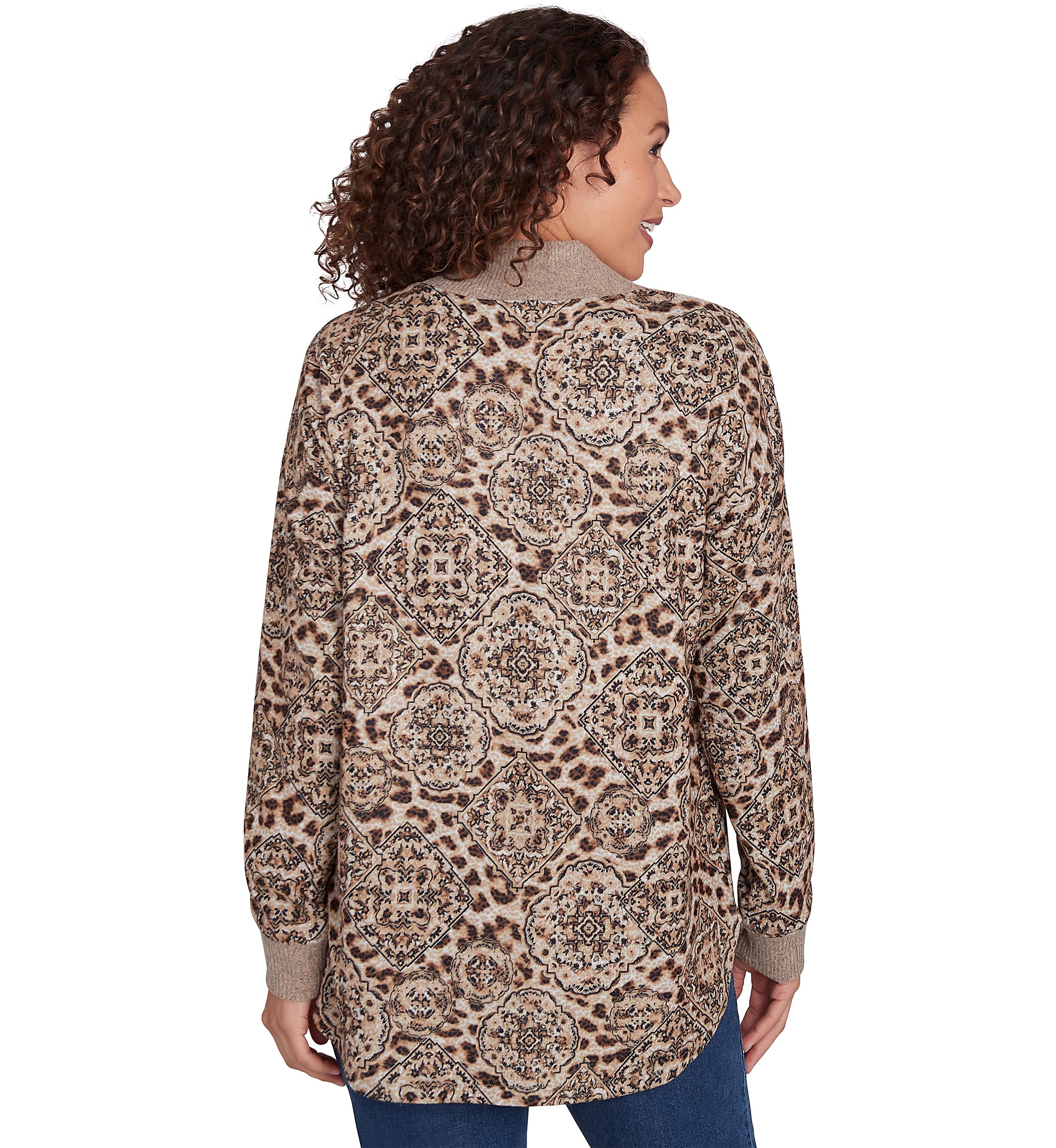 Petite V-Neck Leopard Medallion Printed Hacci Knit Top with Solid Rib Trim