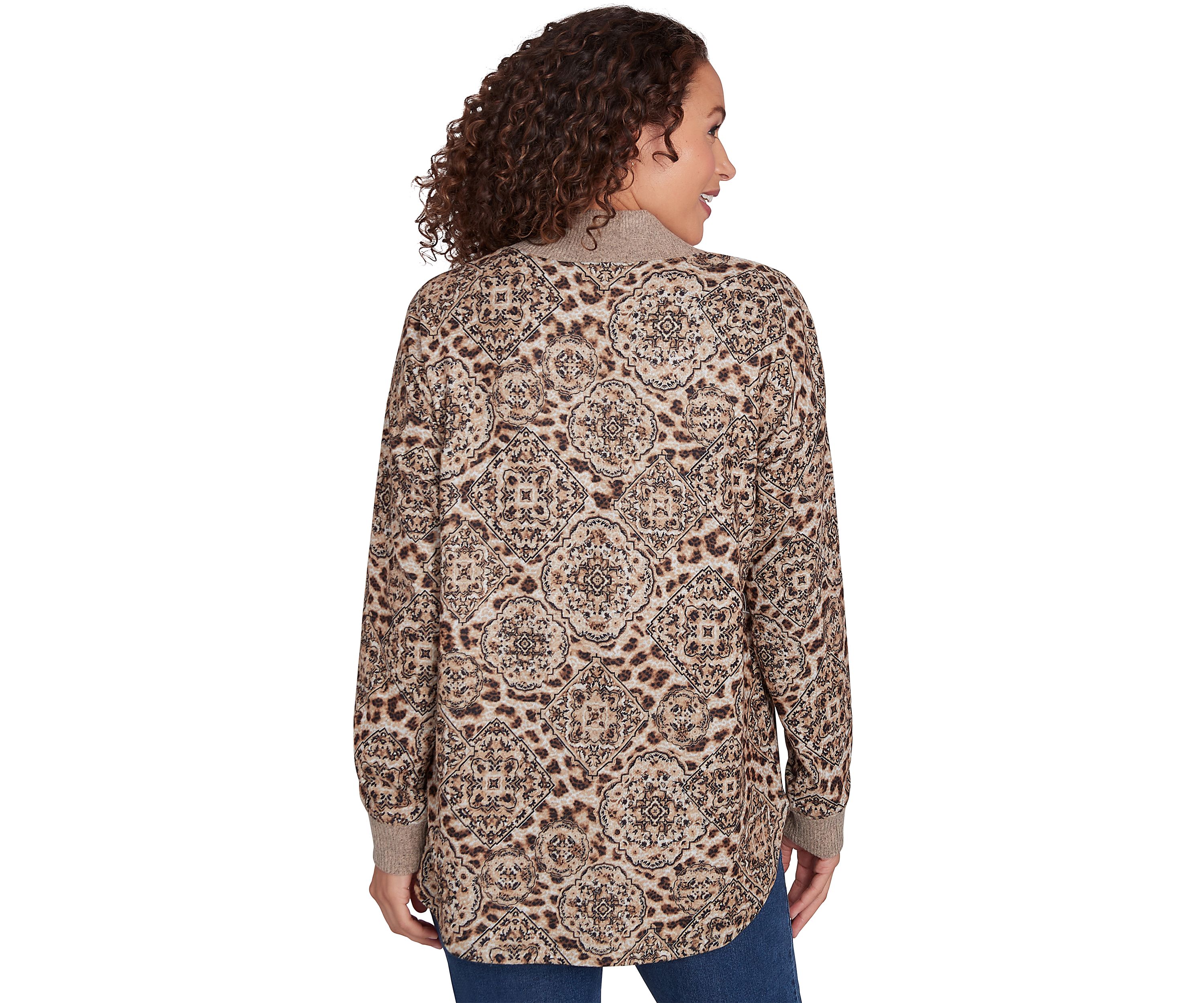 Petite V-Neck Leopard Medallion Printed Hacci Knit Top with Solid Rib Trim