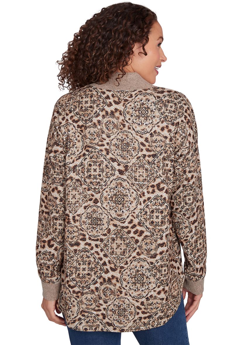 Petite V-Neck Leopard Medallion Printed Hacci Knit Top with Solid Rib Trim