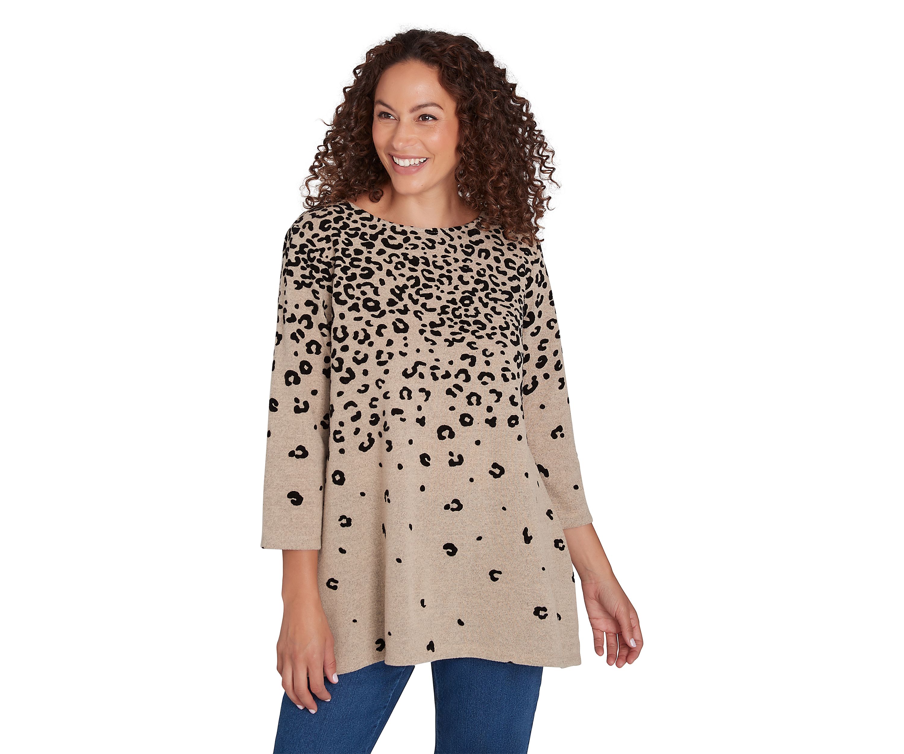 Petite Ballet Neck Flocked Animal Spots Hatchi Knit Shark Bite Top