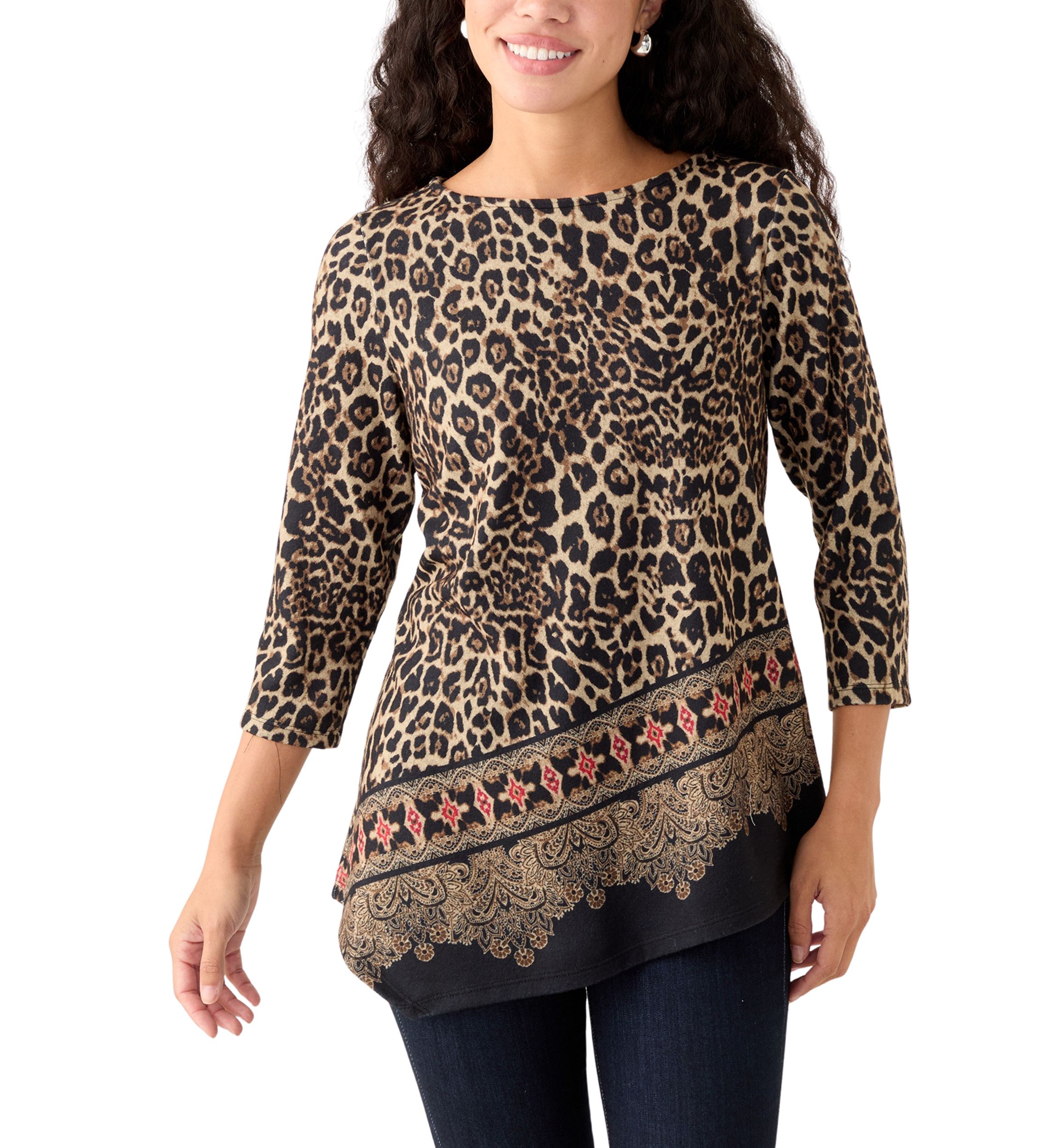 Petite Animal Printed Hacci Knit Top with Asymmetric Paisley Border Print Hem