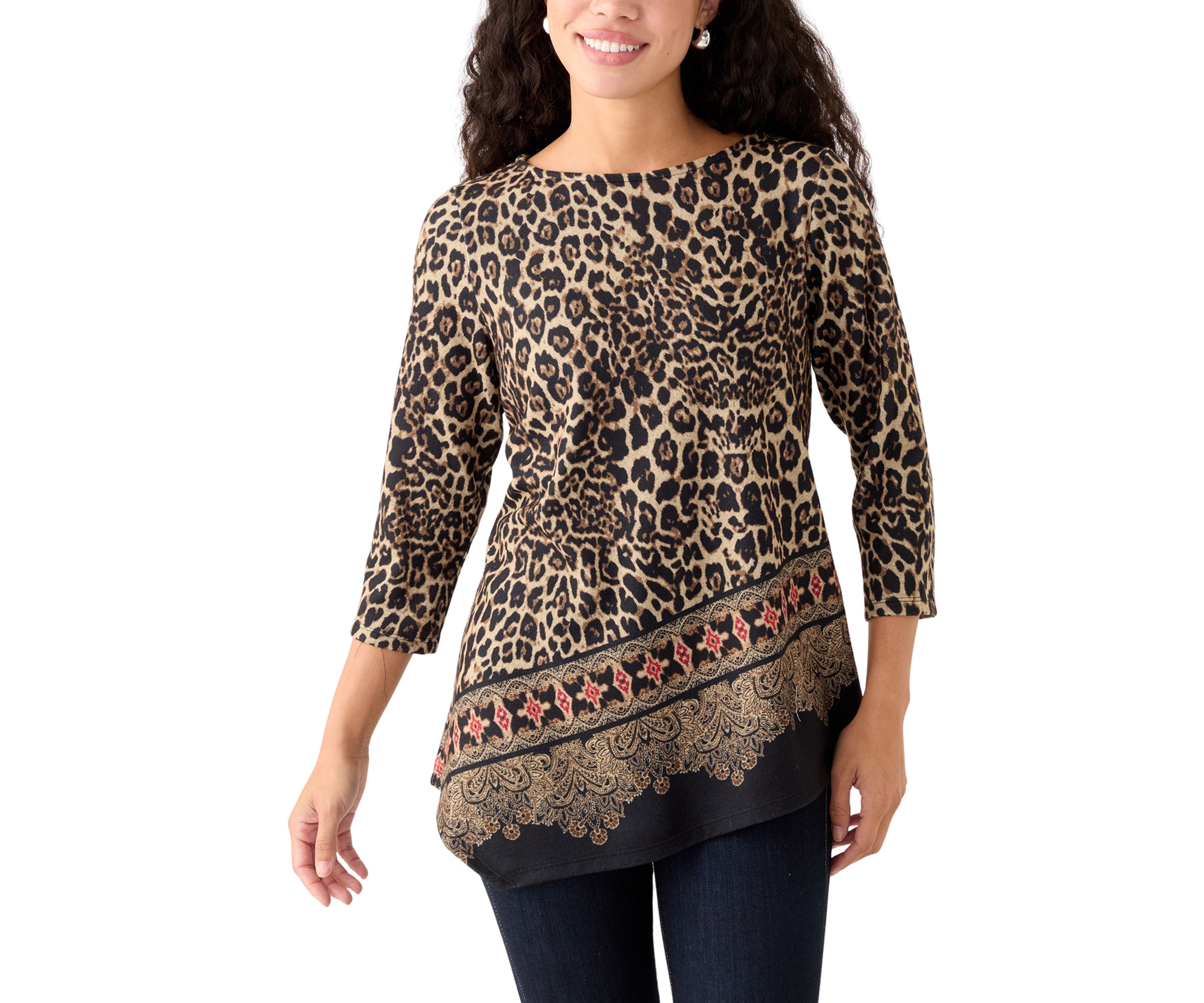Petite Animal Printed Hacci Knit Top with Asymmetric Paisley Border Print Hem
