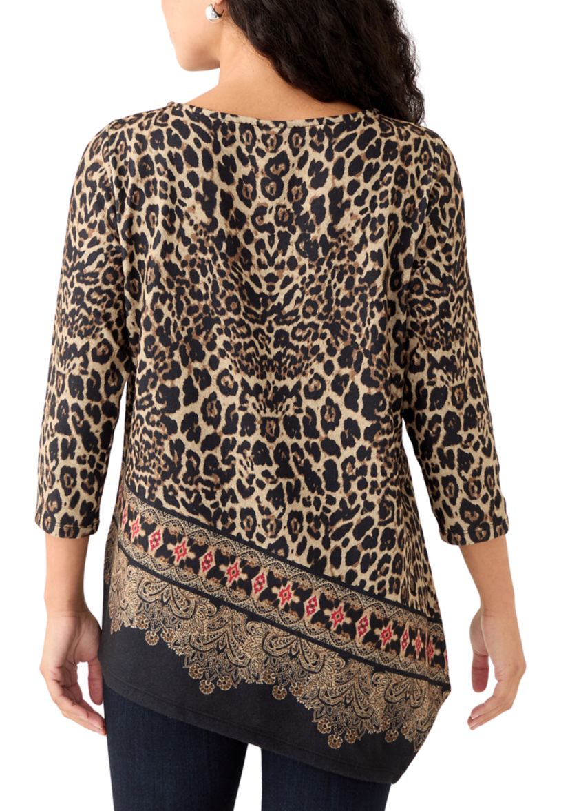 Petite Animal Printed Hacci Knit Top with Asymmetric Paisley Border Print Hem