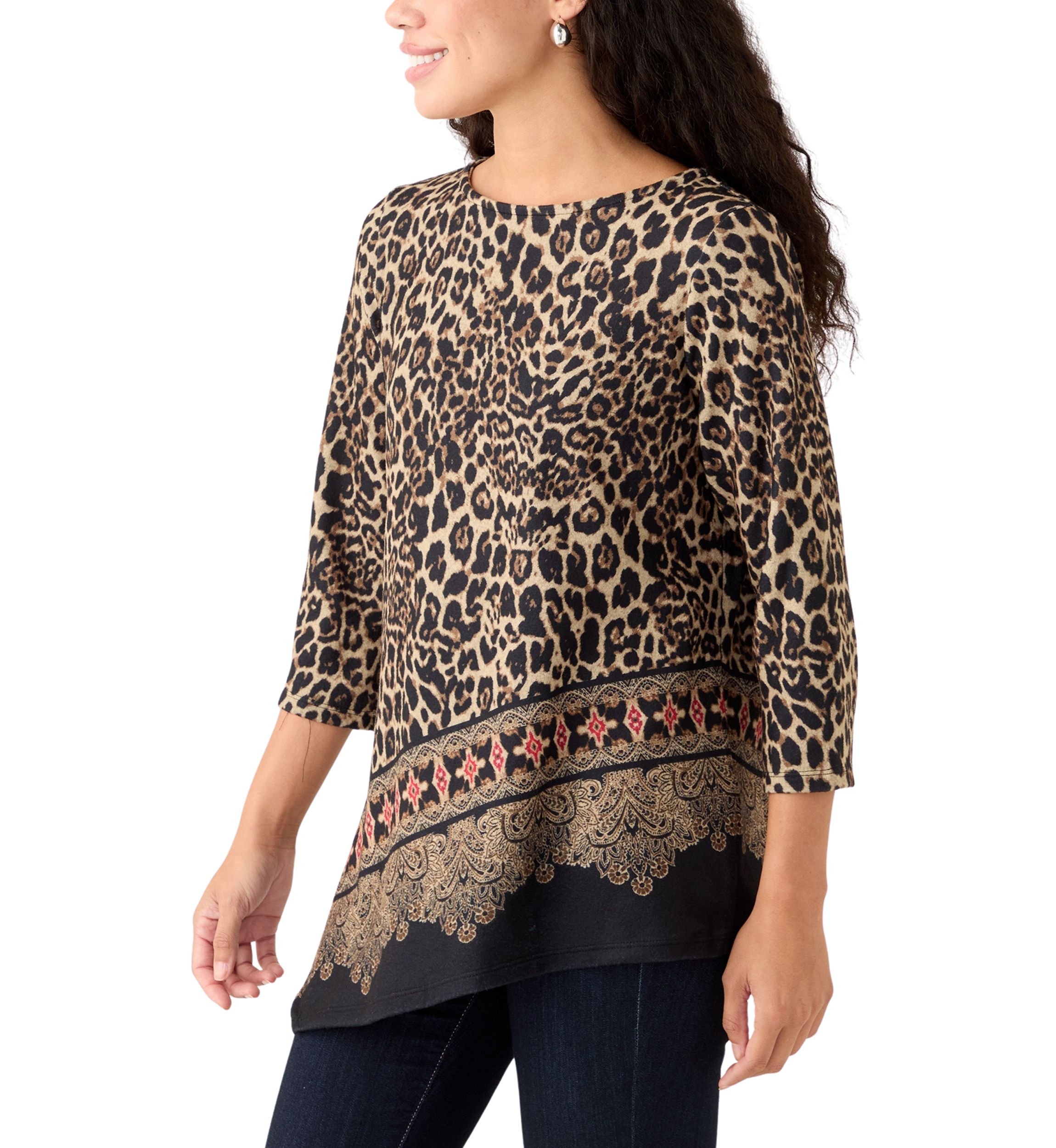 Petite Animal Printed Hacci Knit Top with Asymmetric Paisley Border Print Hem