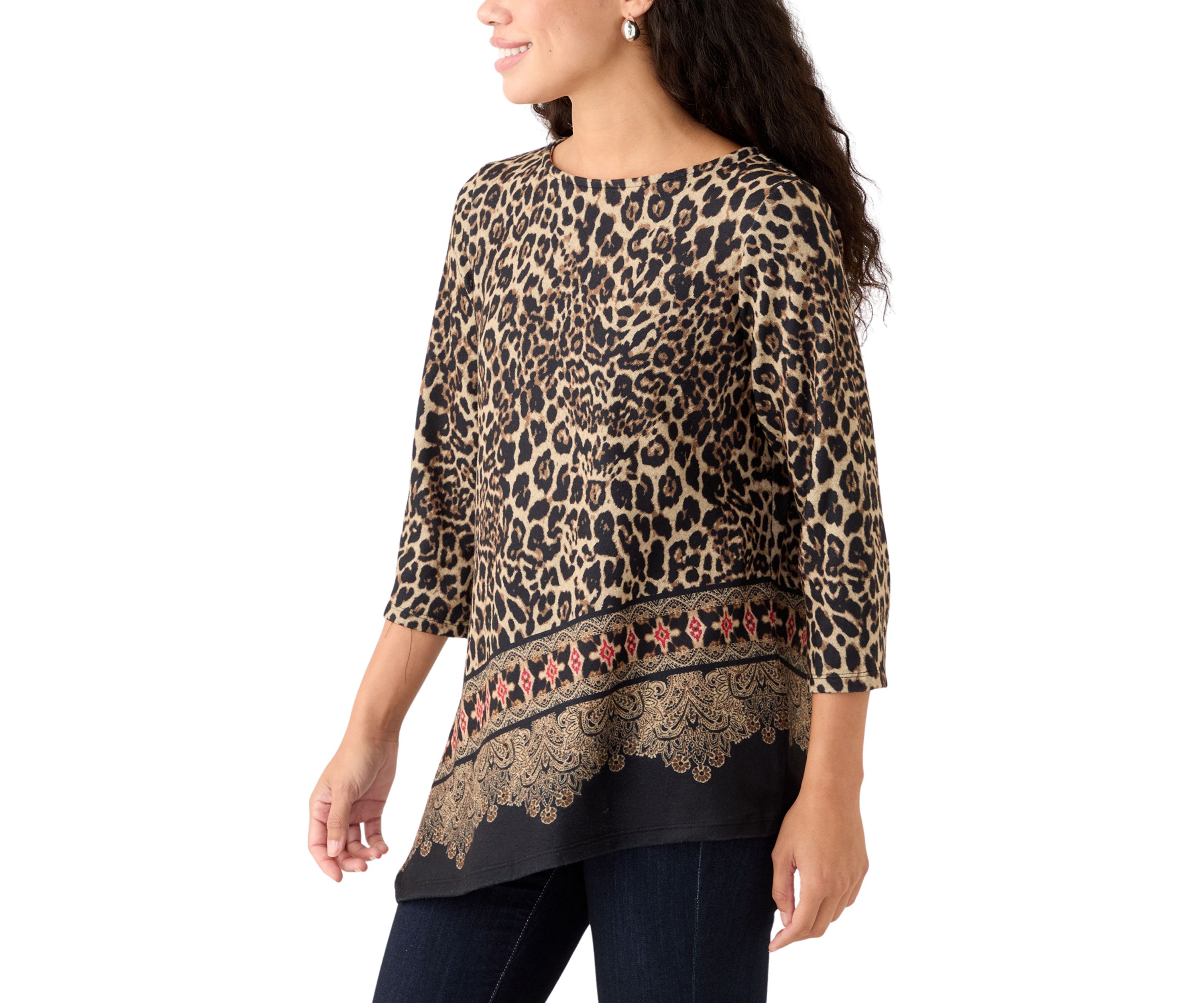 Petite Animal Printed Hacci Knit Top with Asymmetric Paisley Border Print Hem