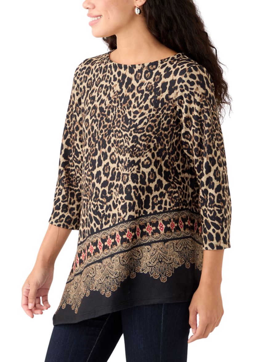 Petite Animal Printed Hacci Knit Top with Asymmetric Paisley Border Print Hem