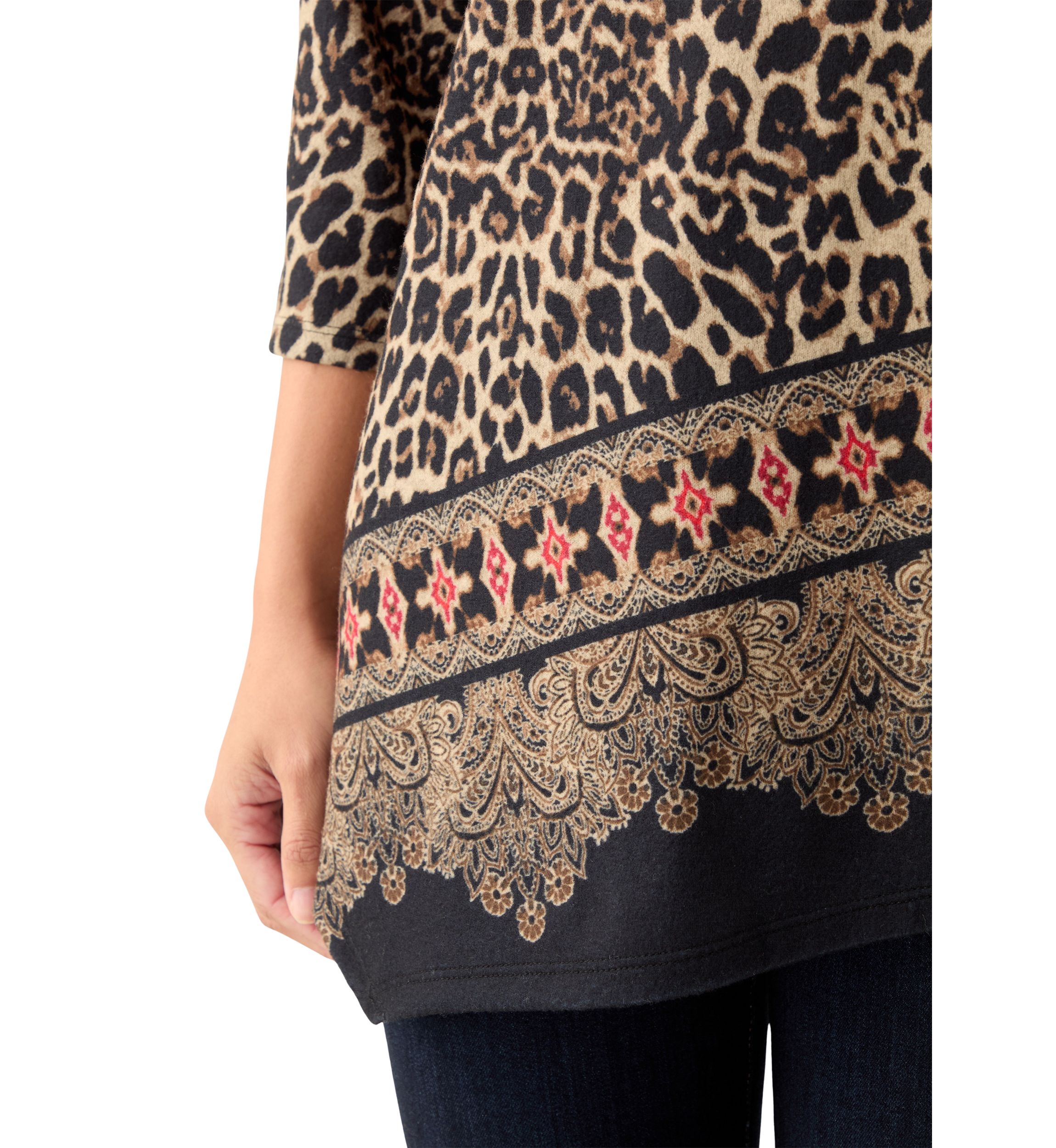 Petite Animal Printed Hacci Knit Top with Asymmetric Paisley Border Print Hem