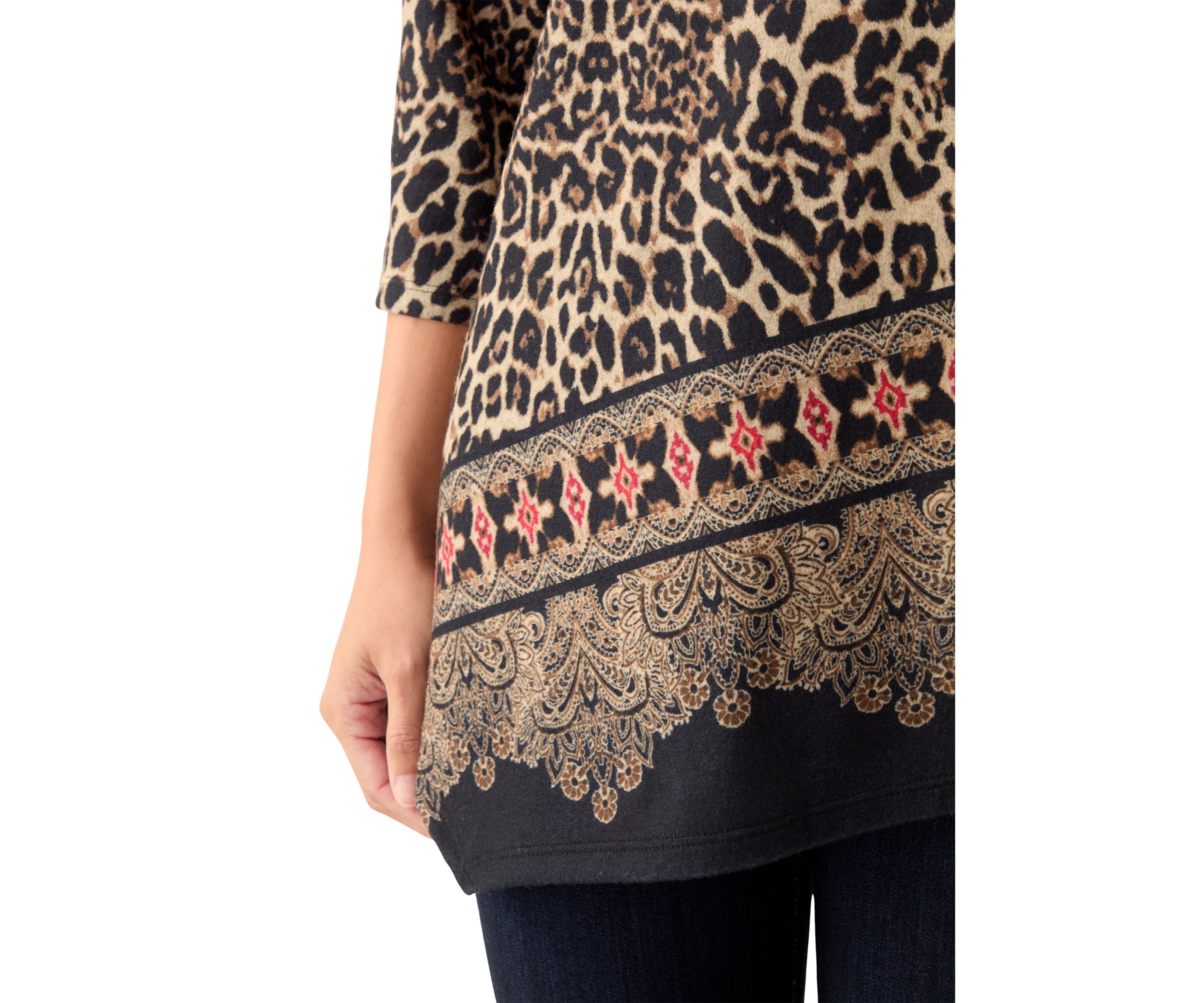Petite Animal Printed Hacci Knit Top with Asymmetric Paisley Border Print Hem