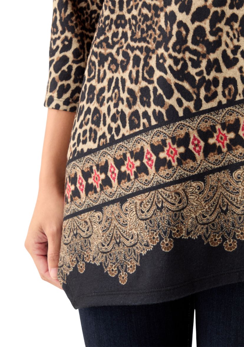 Petite Animal Printed Hacci Knit Top with Asymmetric Paisley Border Print Hem