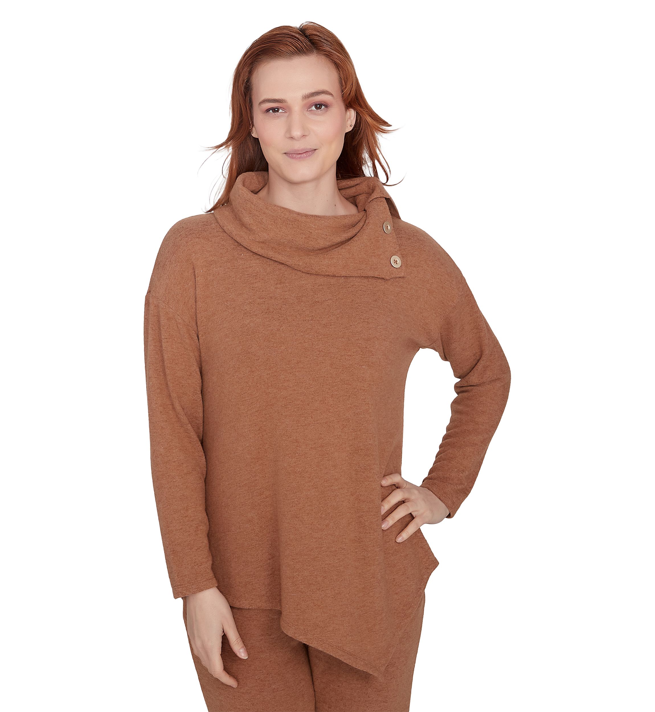 Petite Cowl Neck Solid Hacci Knit Top with Asymmetric Hem