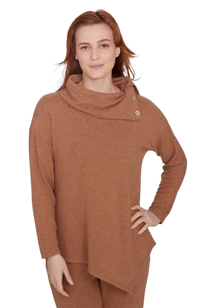 Petite Cowl Neck Solid Hacci Knit Top with Asymmetric Hem