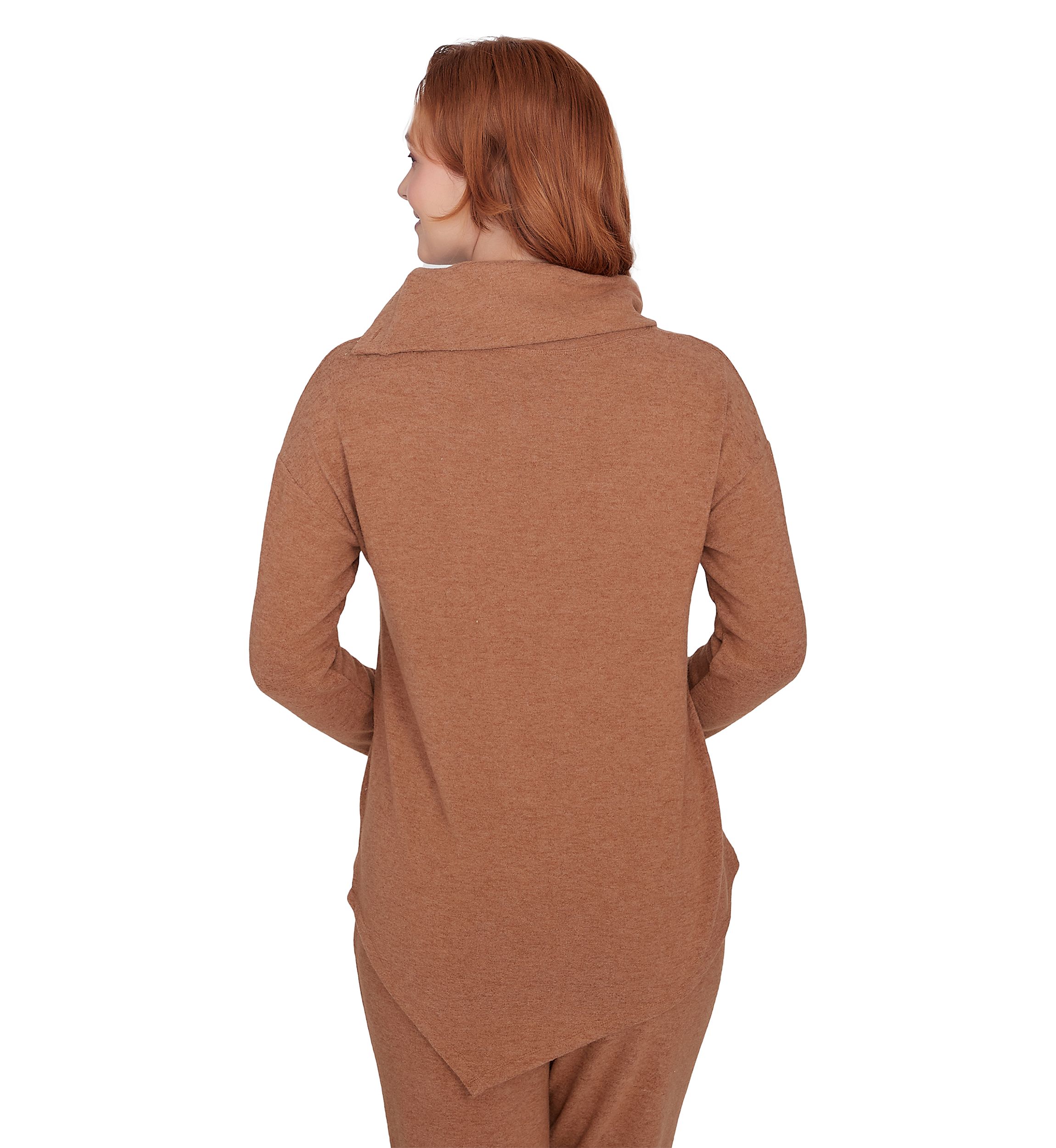 Petite Cowl Neck Solid Hacci Knit Top with Asymmetric Hem